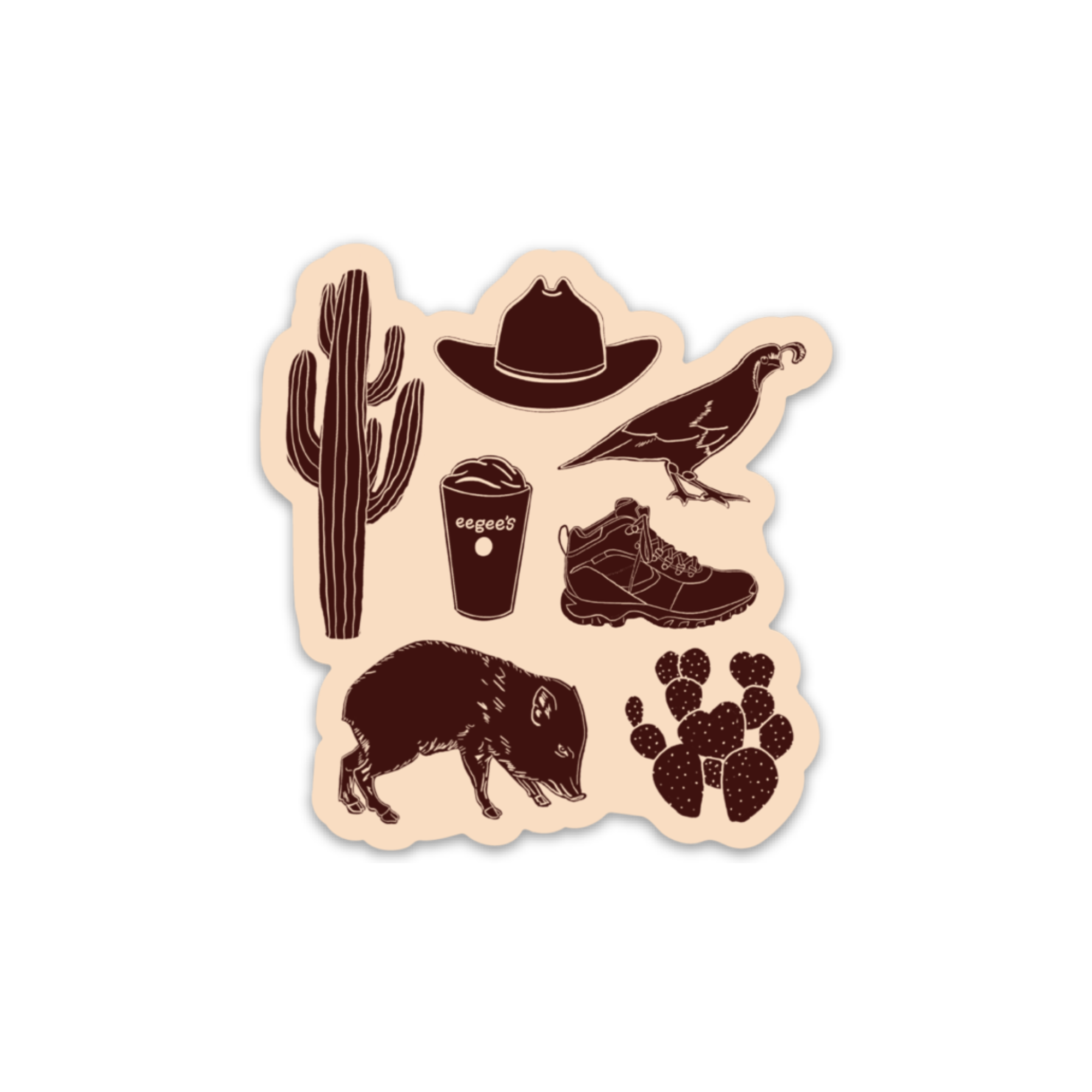 Tan die cut sticker with brown illustrations of a saguaro, hat, quail, eegees, hiking boot, javelina, and prickly pear