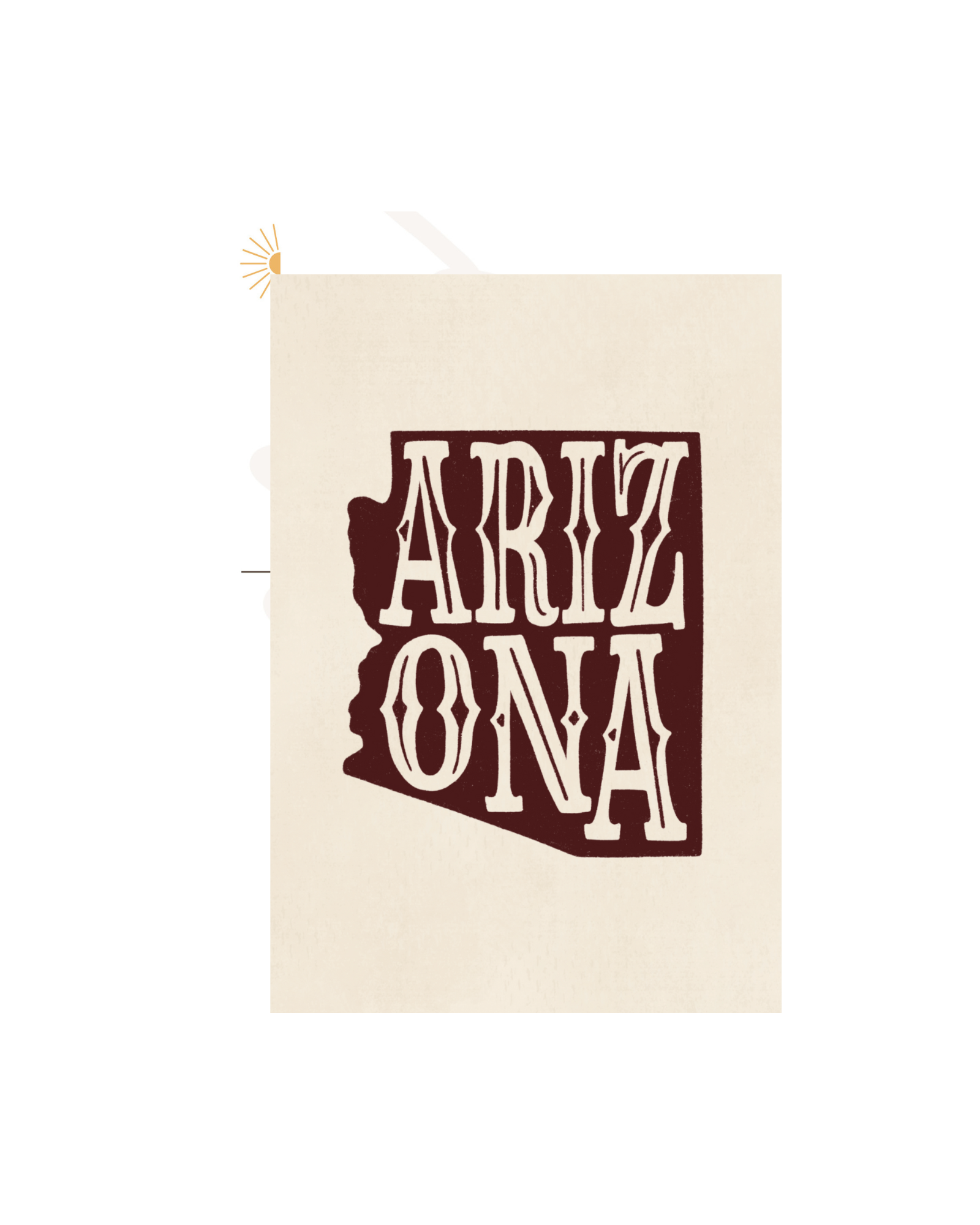 Tan postcard with red state with the word Arizona