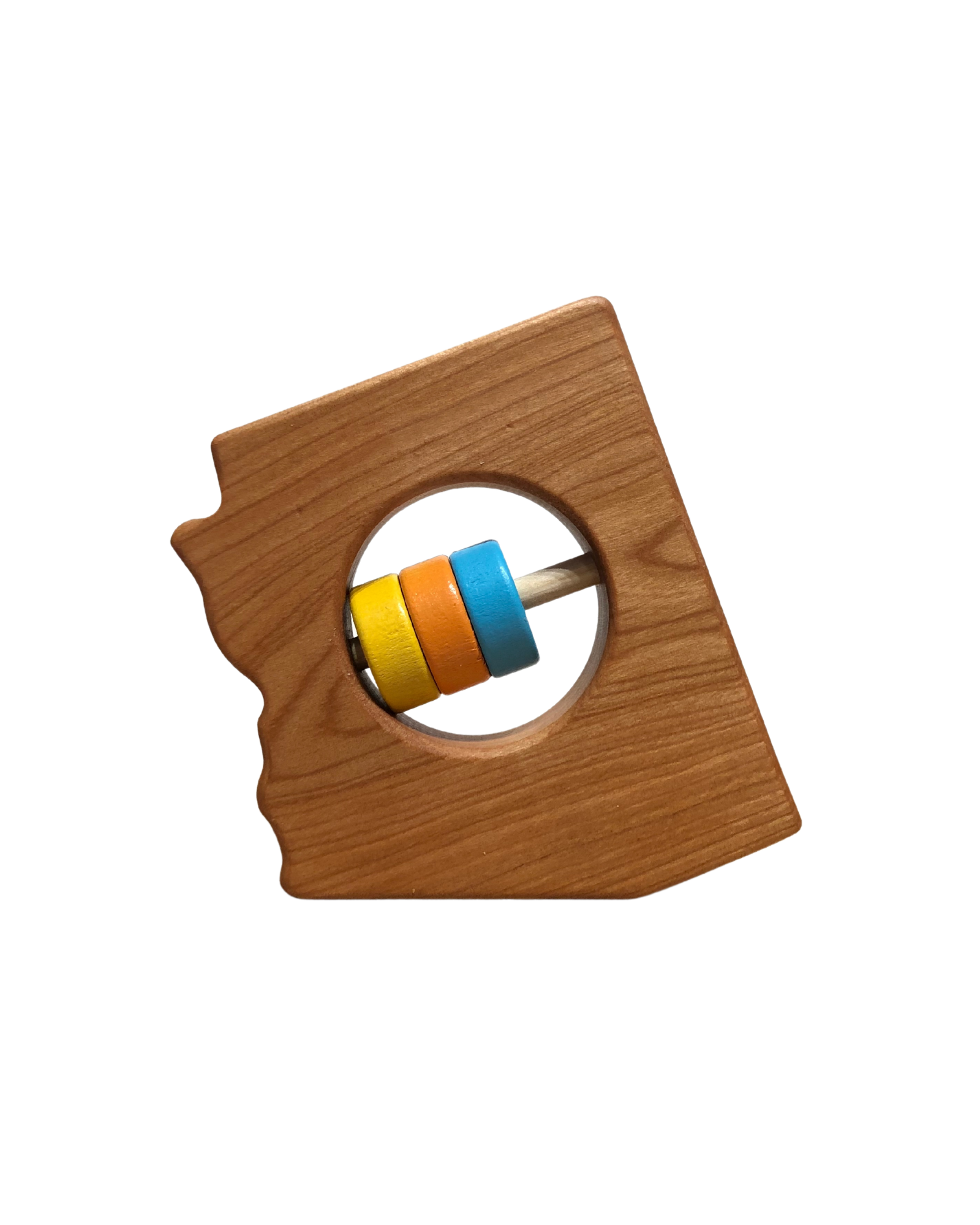 Light wood rattle in the shape of arizona with a cutout in the center and a dowel with yellow, orange, and blue wooden beads