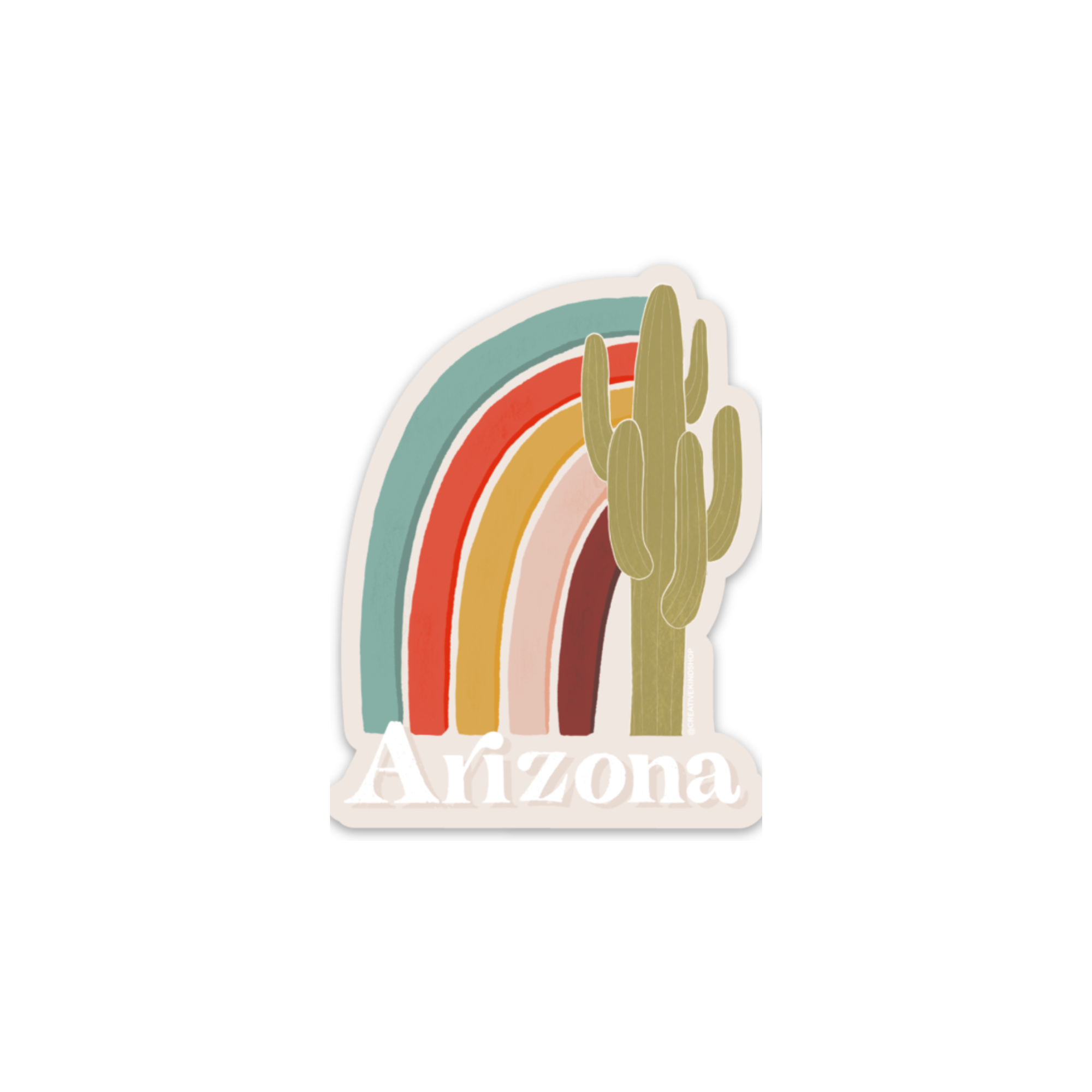 Die cut vinyl sticker with the word Arizona under a rainbow and a saguaro