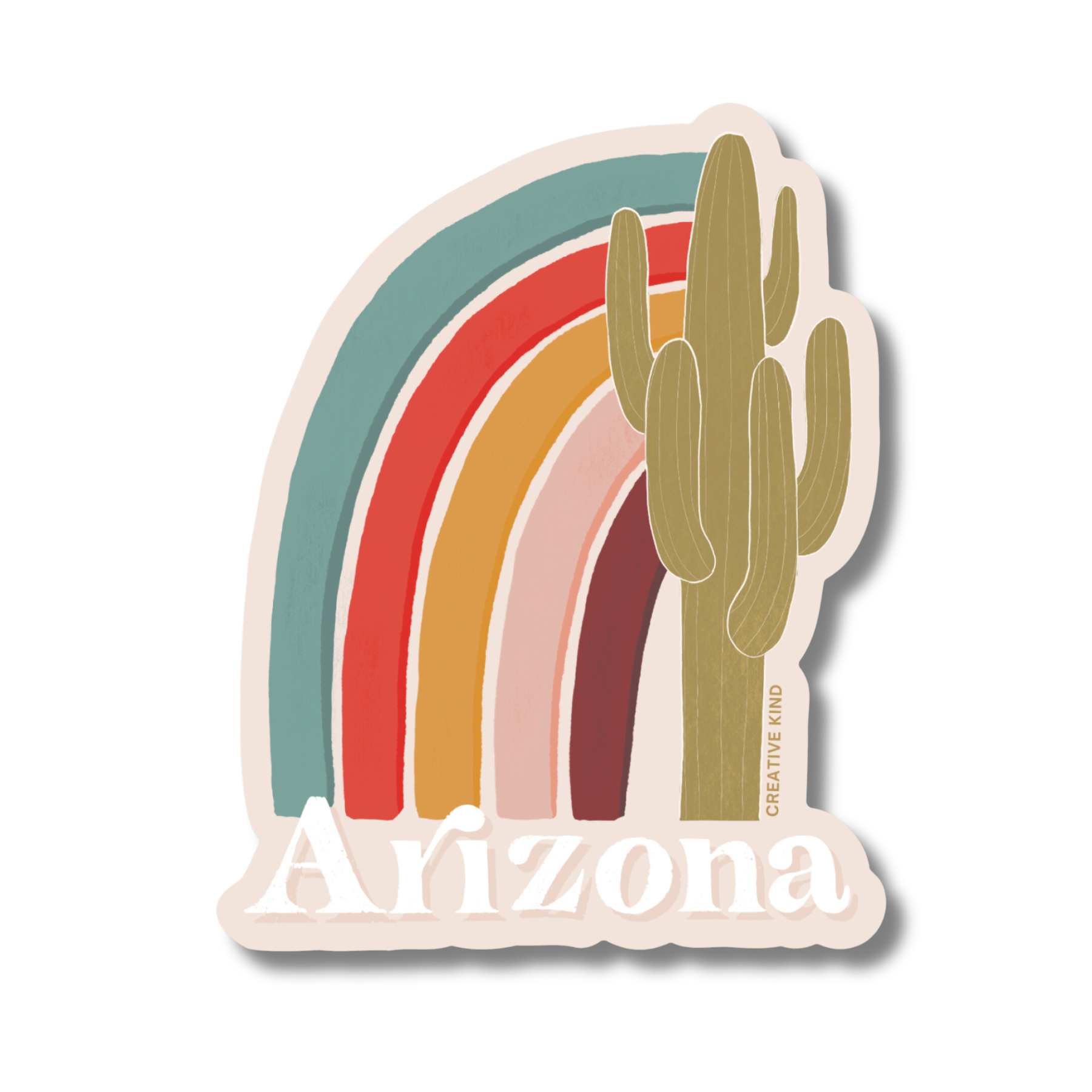 Die cut sticker with the word Arizona below a rainbow in retro colors and a green saguaro cactus