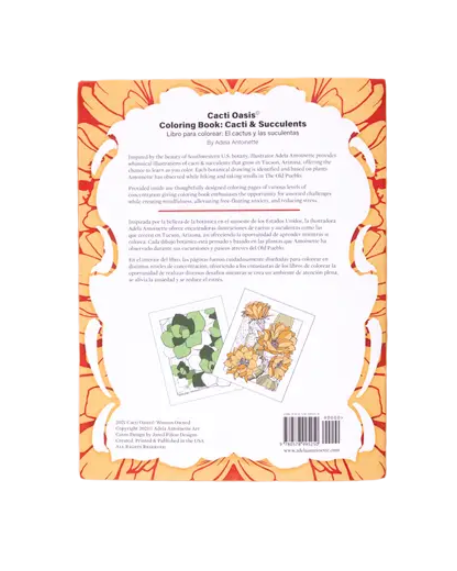 Back cover of coloring book featuring a description of the book and colored in sample pages
