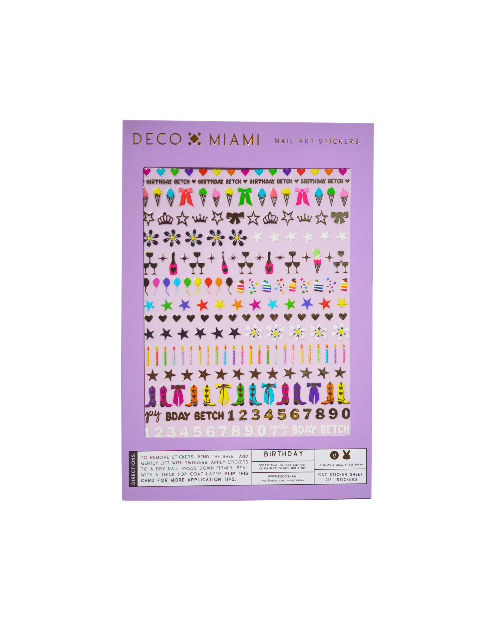 Birthday nail art stickers in purple packaging