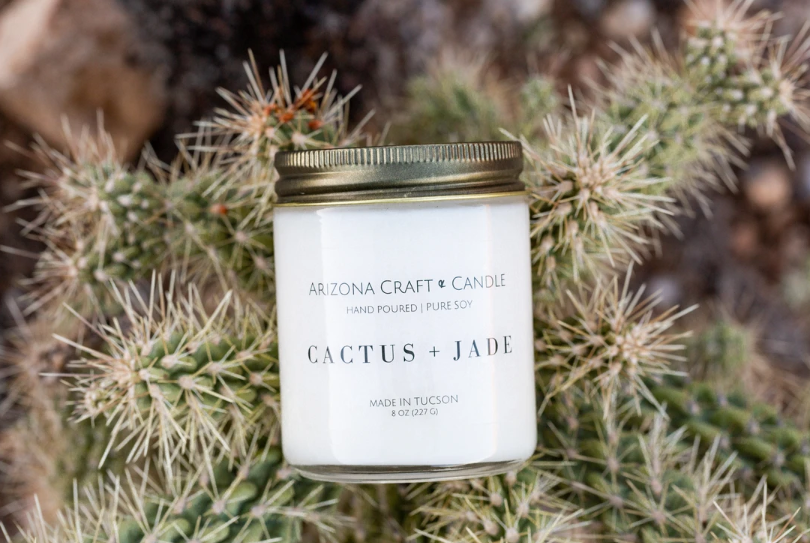 Cactus + Jade glass jar candle with a cholla cactus in the background
