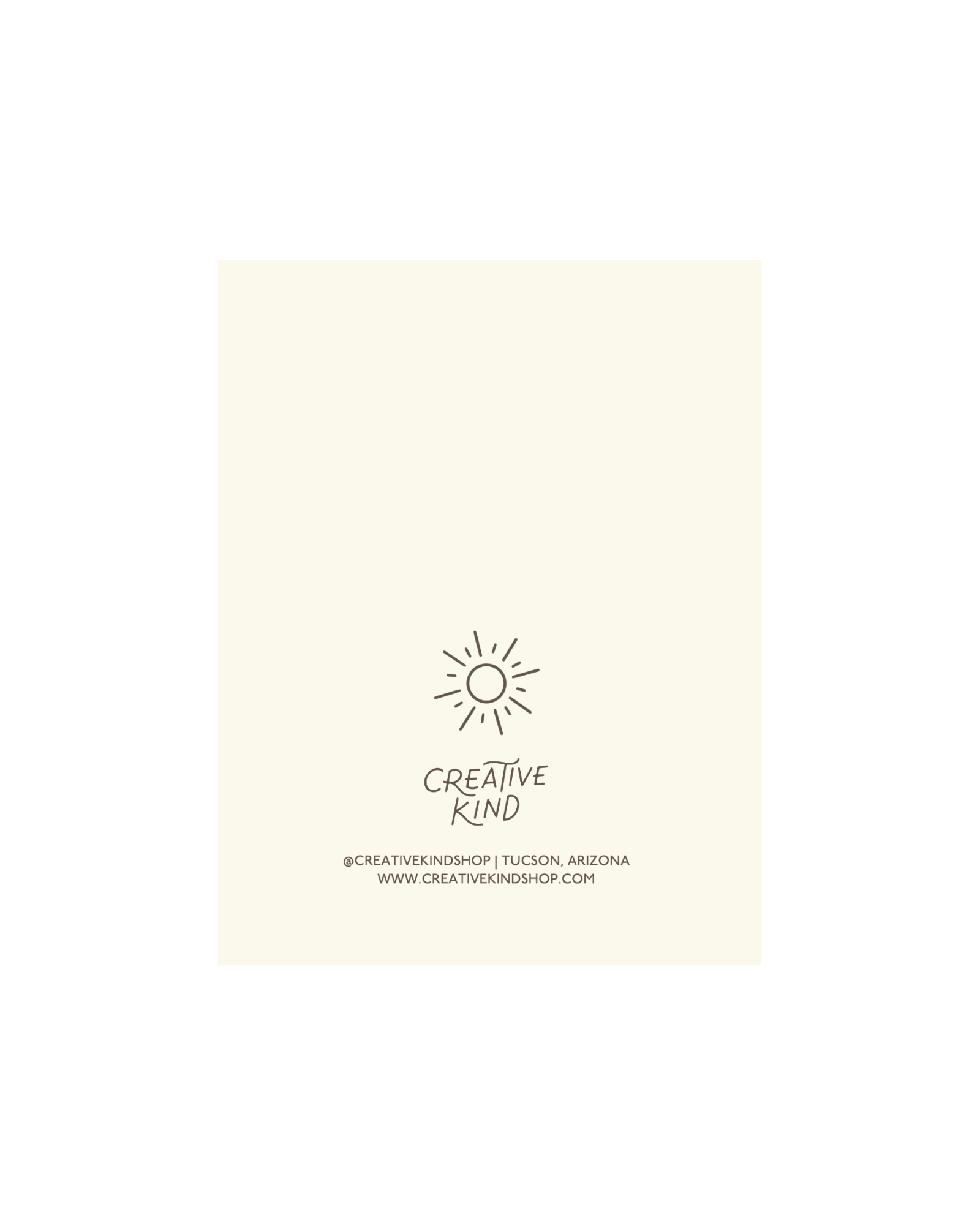 Back of greeting card, sun illustration above the creative kind logo