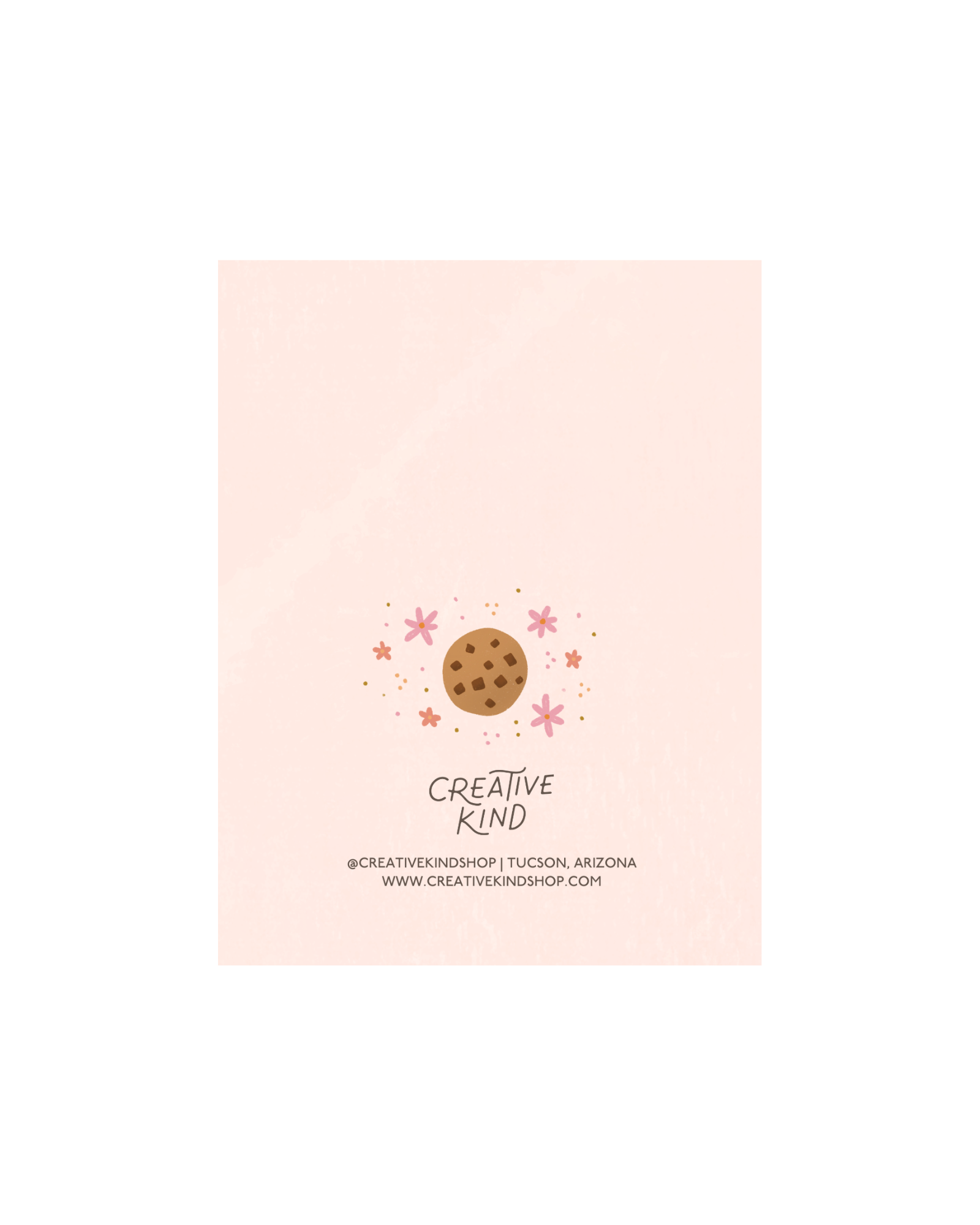 Back of card, chocolate chip cookie illustration above creative kind logo