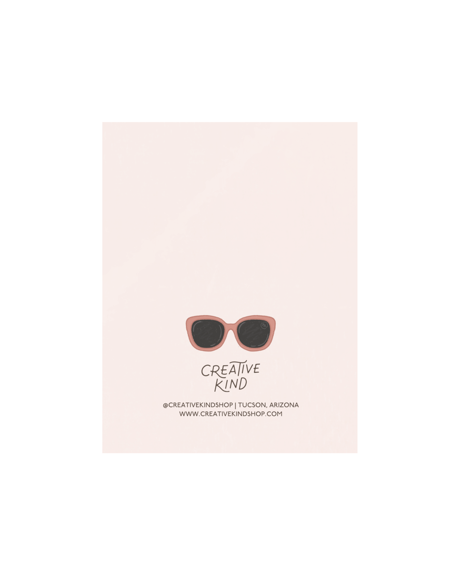 Back of greeting card, sunglasses illustration above creative kind logo