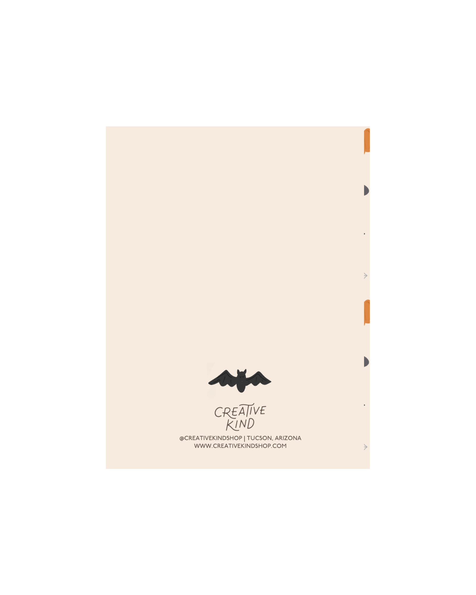 Back of greeting card, bat illustration and creative kind logo