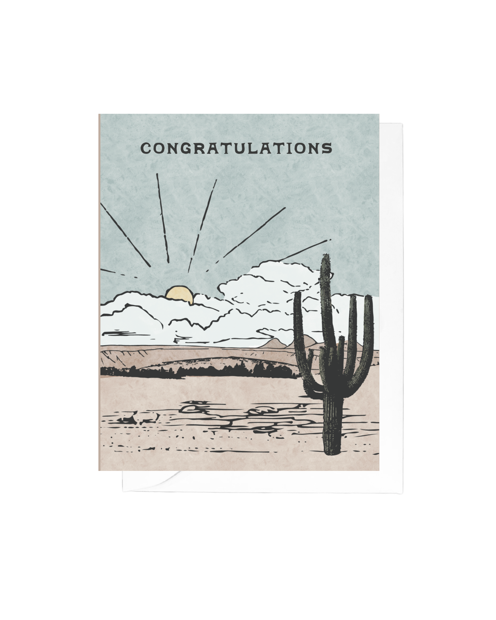 Desert landscape in muted colors beneath the word "congratulations"