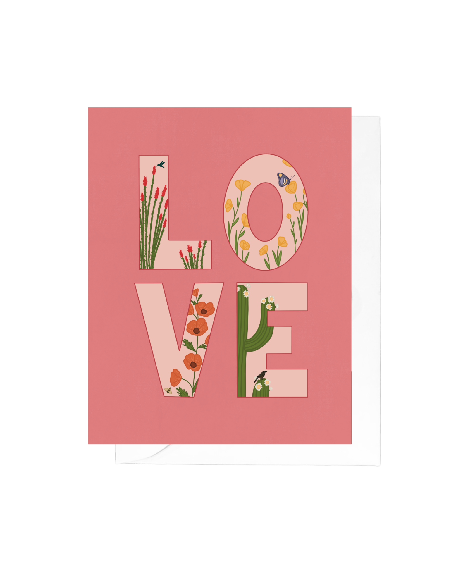 Pink greeting card with the word love in block letters, in each letter there is a flower and animal - ocotillo and hummingbird, butterfly and poppies, bee and globemallow, cactus wren and saguaro