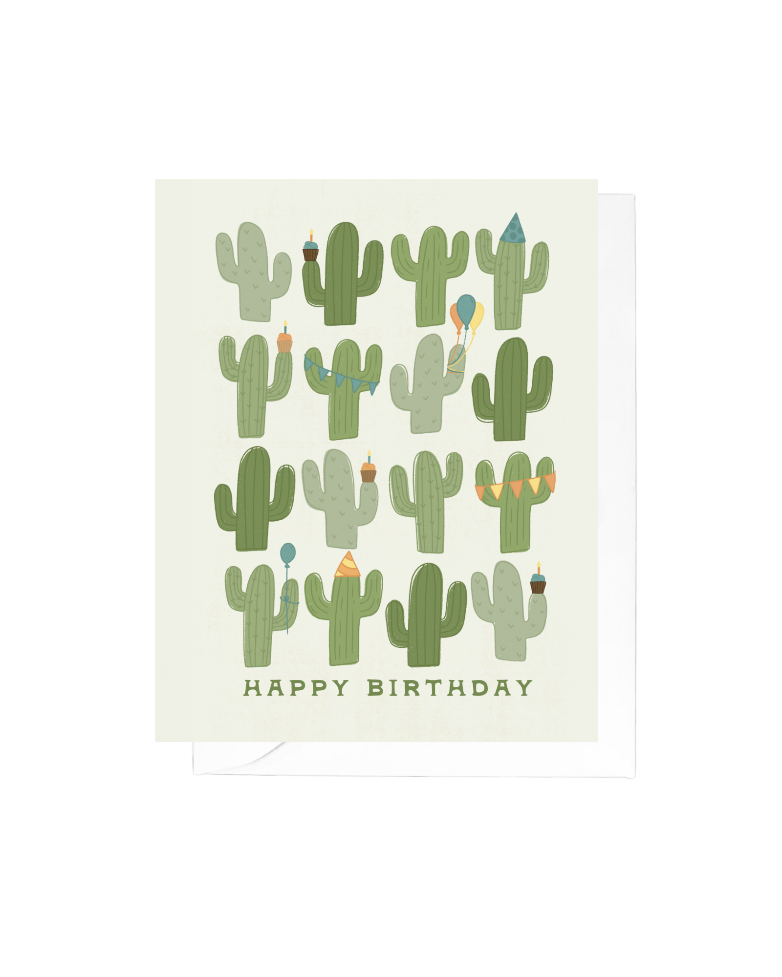 Green greeting card with sixteen saguaros decorated for birthdays and text reading "happy birthday"