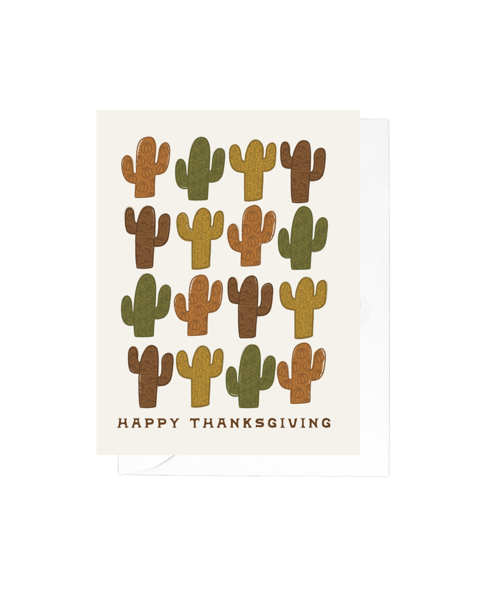 Tan greeting card with sixteen saguaros in orange, green, yellow, and brown with thanksgiving related doodles in the cacti, above the words "happy thanksgiving"