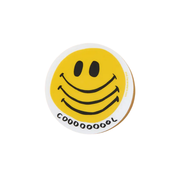 Circle vinyl sticker with a smiley face with three smiles and the word cool with 8 O's