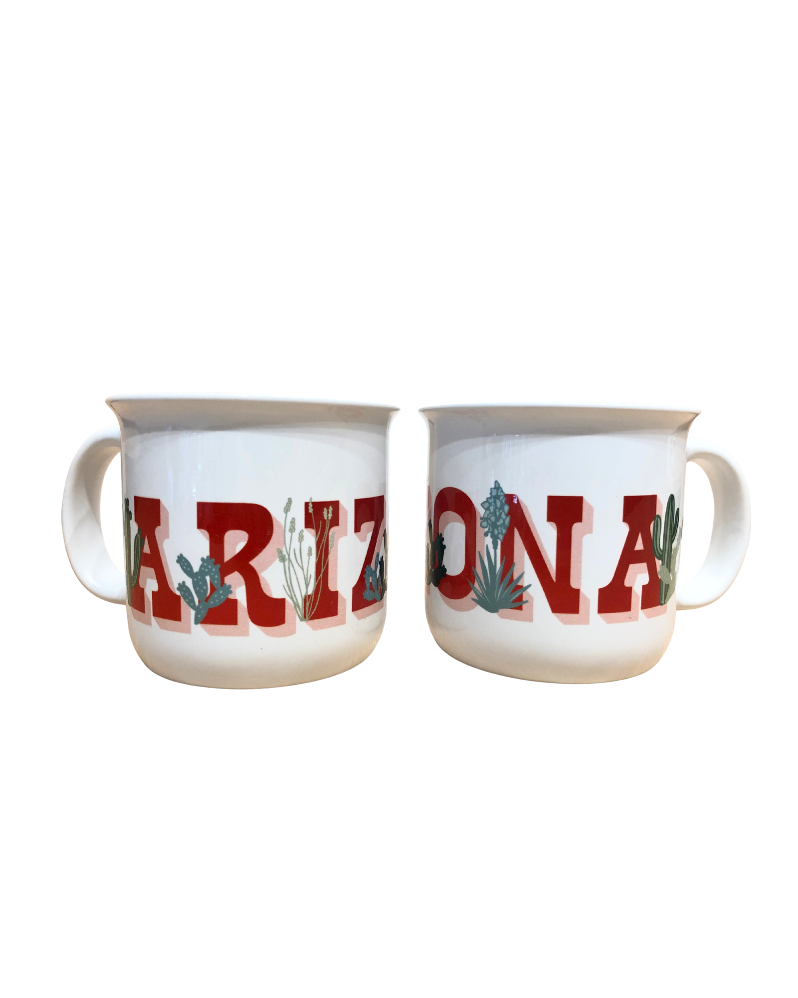 White mug with red text reading "Arizona" with desert plants in front of the letters