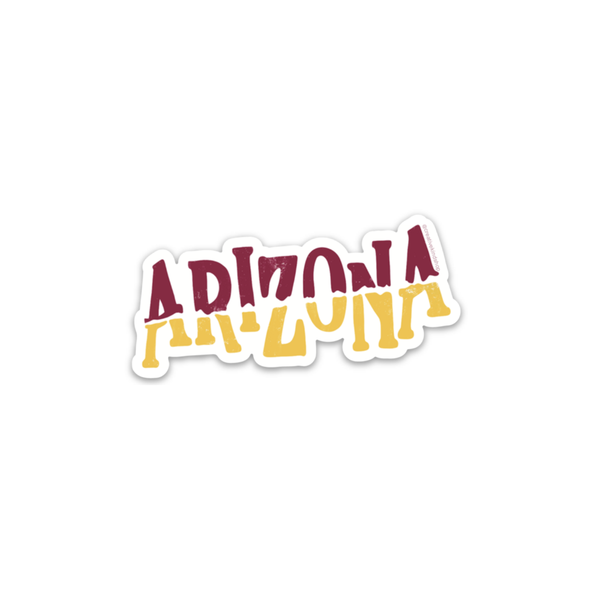 Die cut sticker of the word "Arizona" in maroon and gold