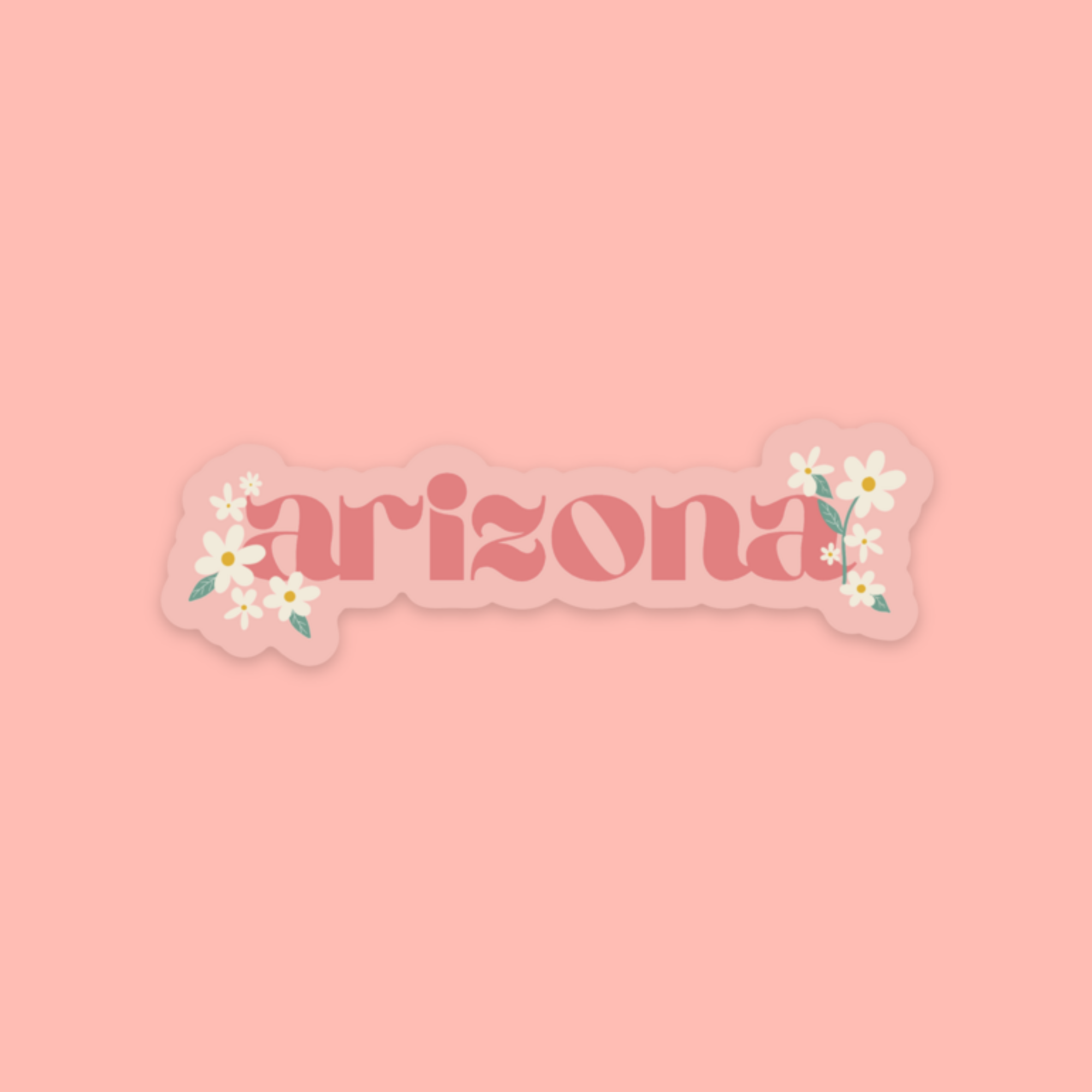Die cut sticker with clear back and the word "arizona" surrounded by daisies shown on a pink background color to display transparency