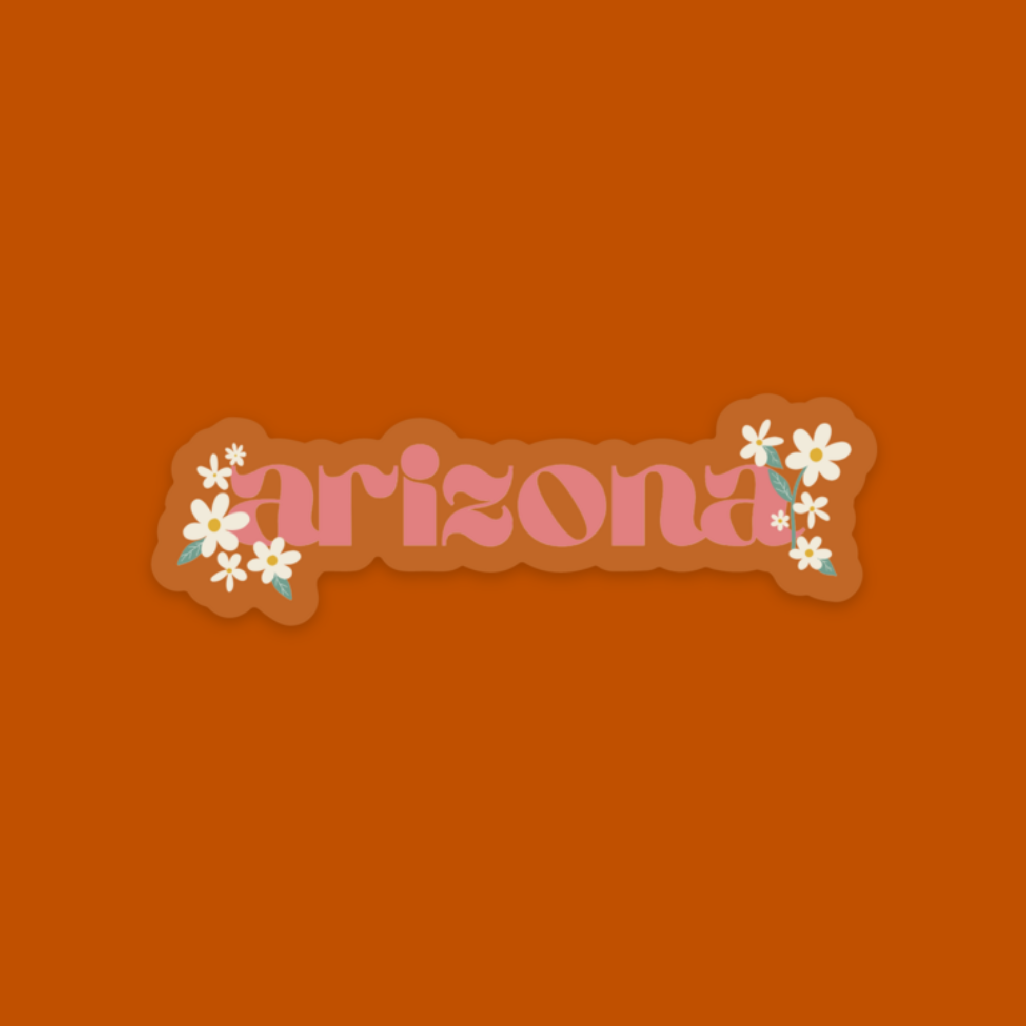 Die cut sticker with clear back and the word "arizona" surrounded by daisies shown on an orange background color to display transparency