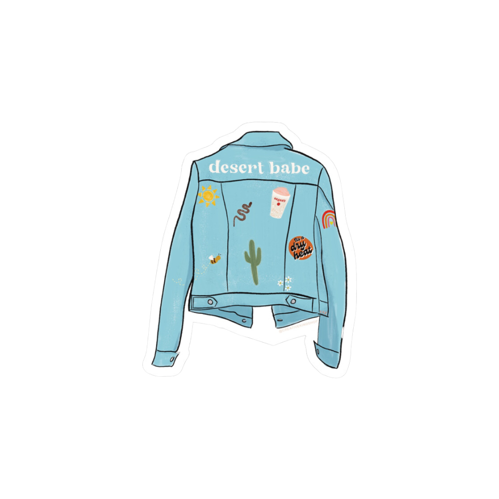 Die cut vinyl sticker of a denim jacket with arizona-themed patches and the word "desert babe" across the shoulders