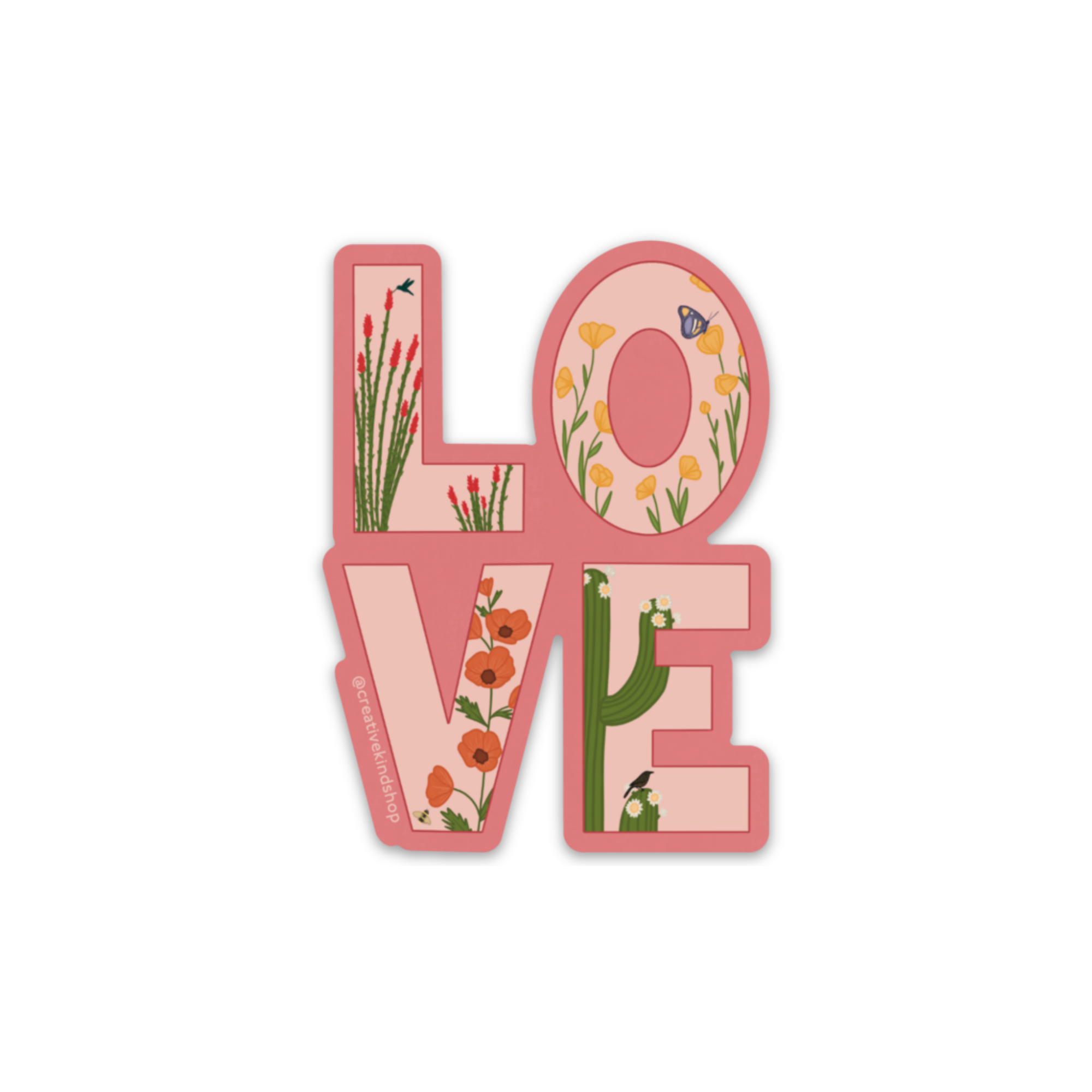 Die cut vinyl sticker with dark pink background and the word love, in each letter there is a flower and animal - ocotillo and hummingbird, butterfly and poppies, bee and globemallow, cactus wren and saguaro