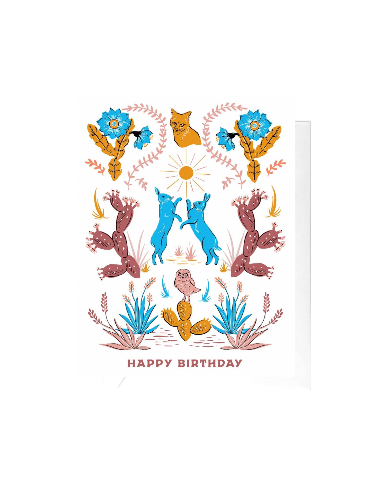 Greeting card and envelope. Text reads "happy birthday" bottom center. Illustrations are in bright blue, red, and yellow and are of different desert plants and animals.