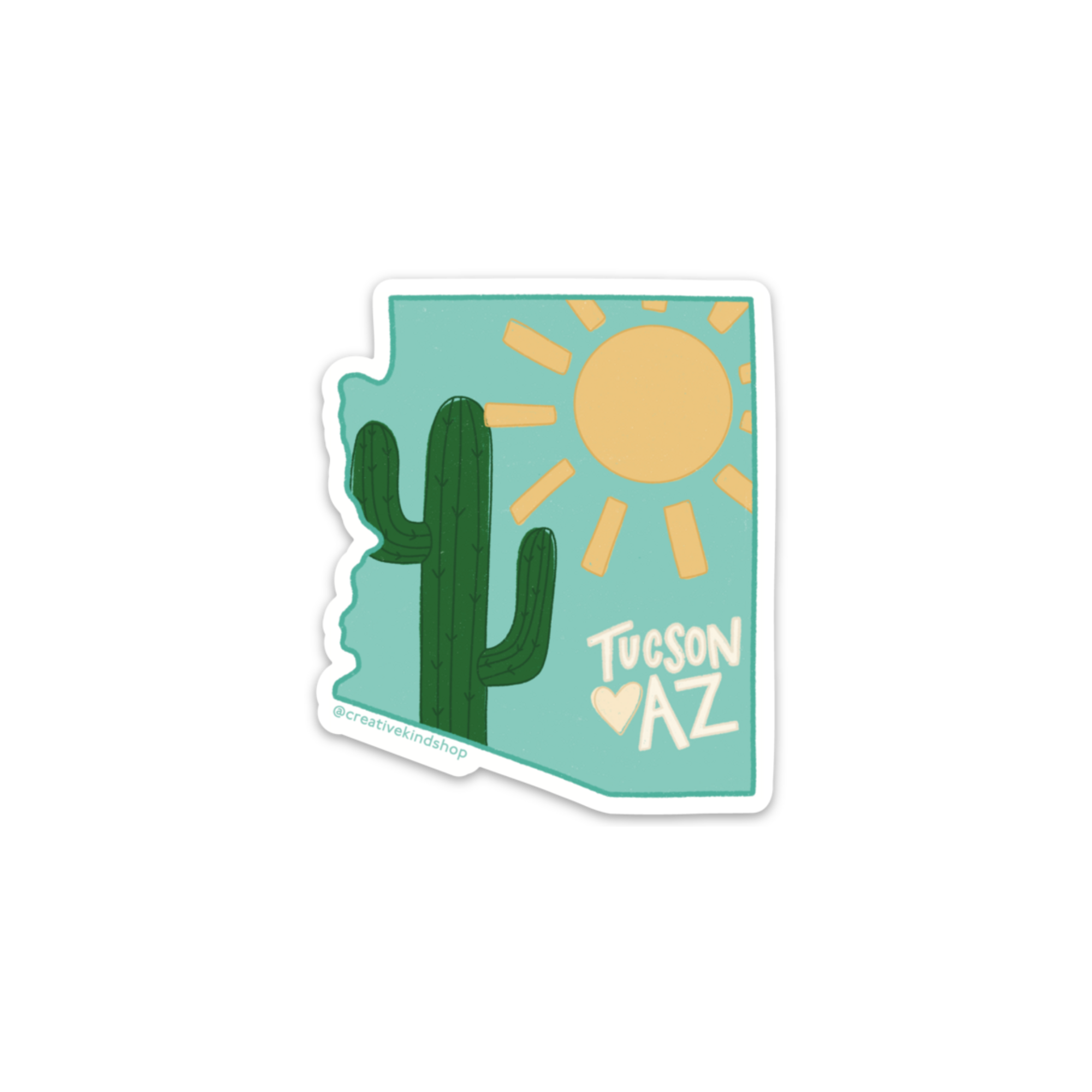 Aqua die cut sticker in the shape of arizona with a sun and saguaro and the words "tucson az" next to a heart over tucson