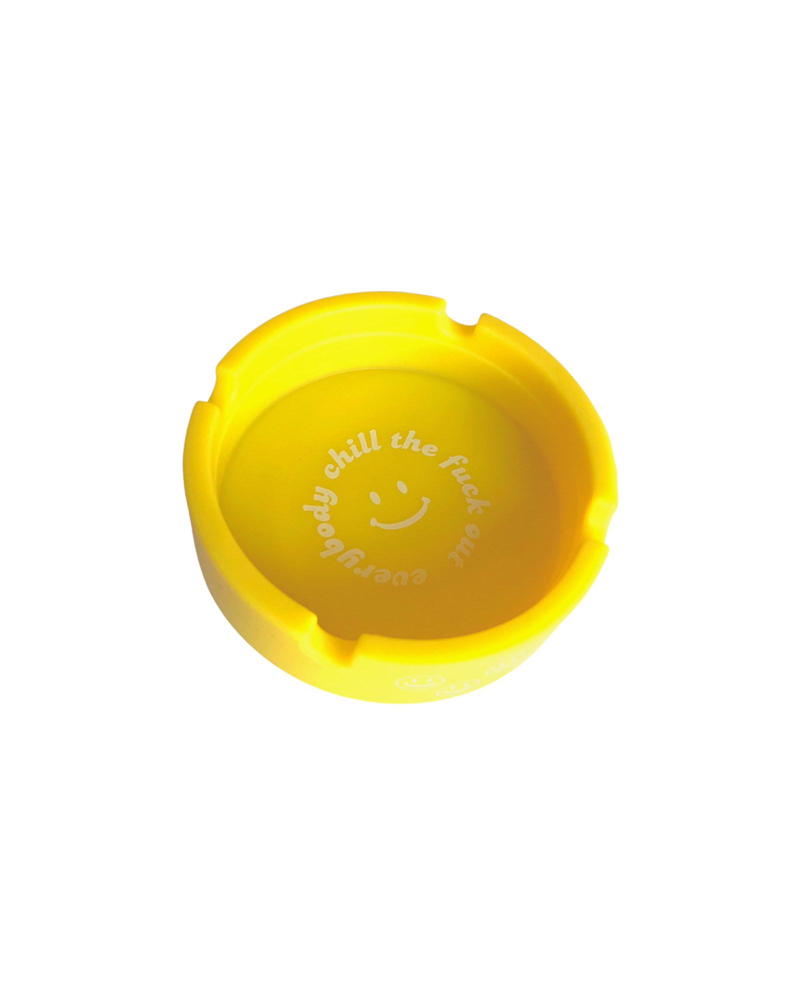 Round yellow ash tray with a smiley face in the middle and the words everybody chill the fuck out