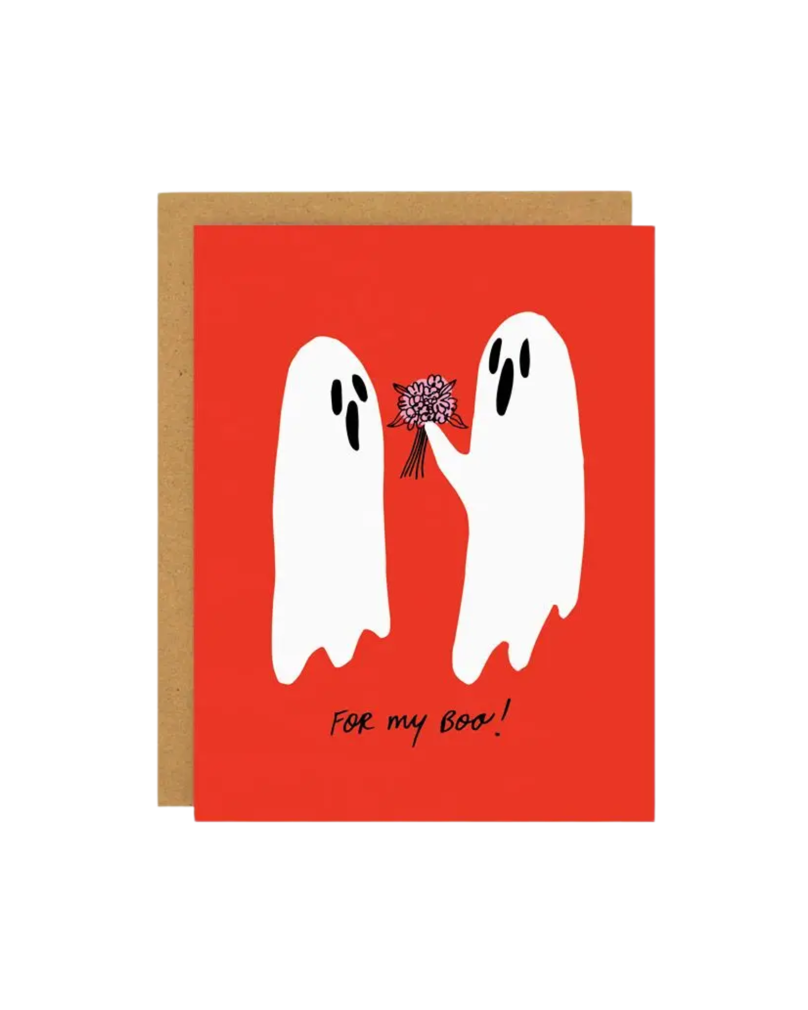 Red greeting card with a ghost handing anther ghost a bouquet of flowers above the words "for my boo"