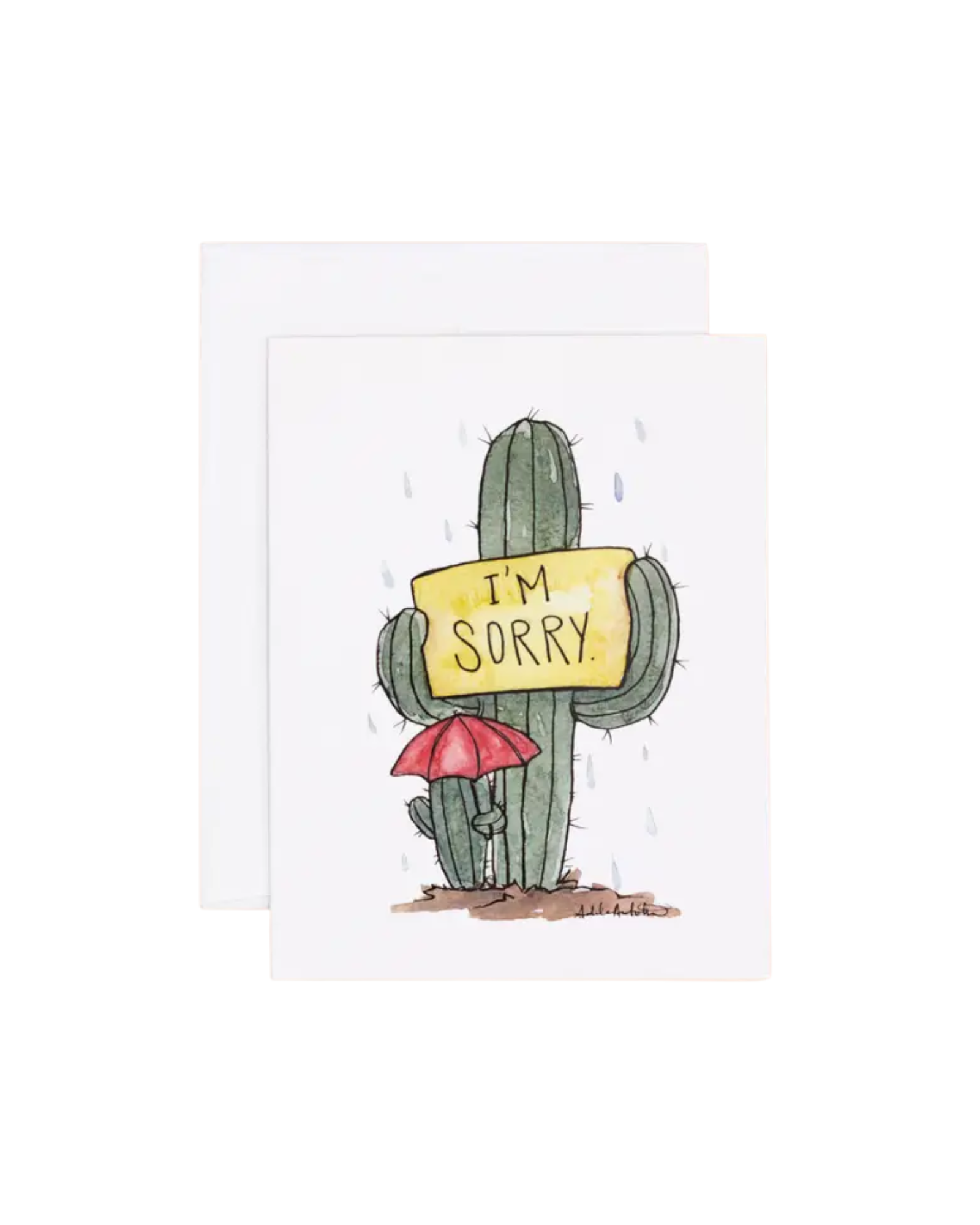 Greeting card with illustrated watercolor saguaros in the rain - one holding a sign that says I'm sorry and one holding an umbrella