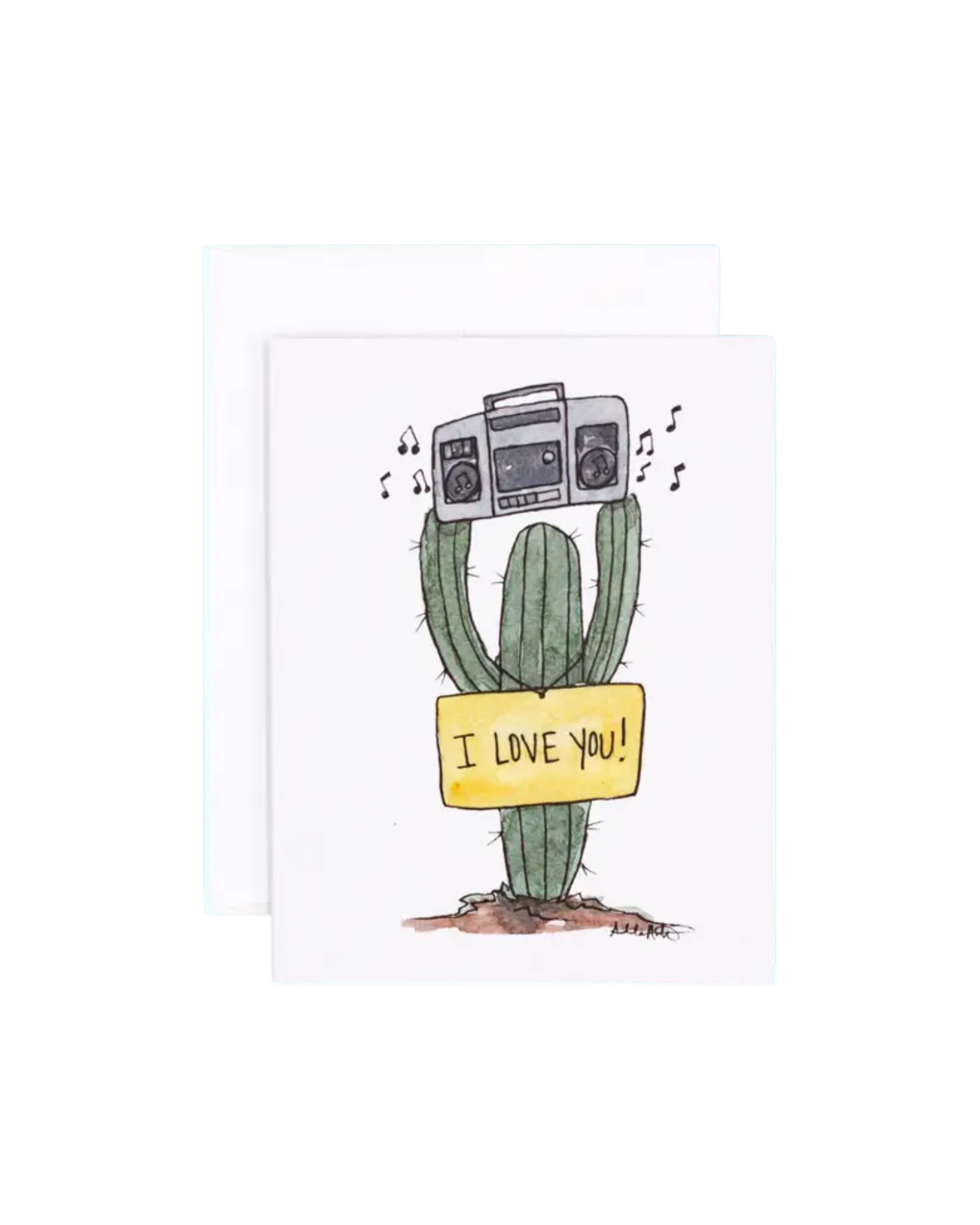 Greeting card and envelope, illustrated watercolor cactus holding up a boom box with a sign around its neck saying I love you