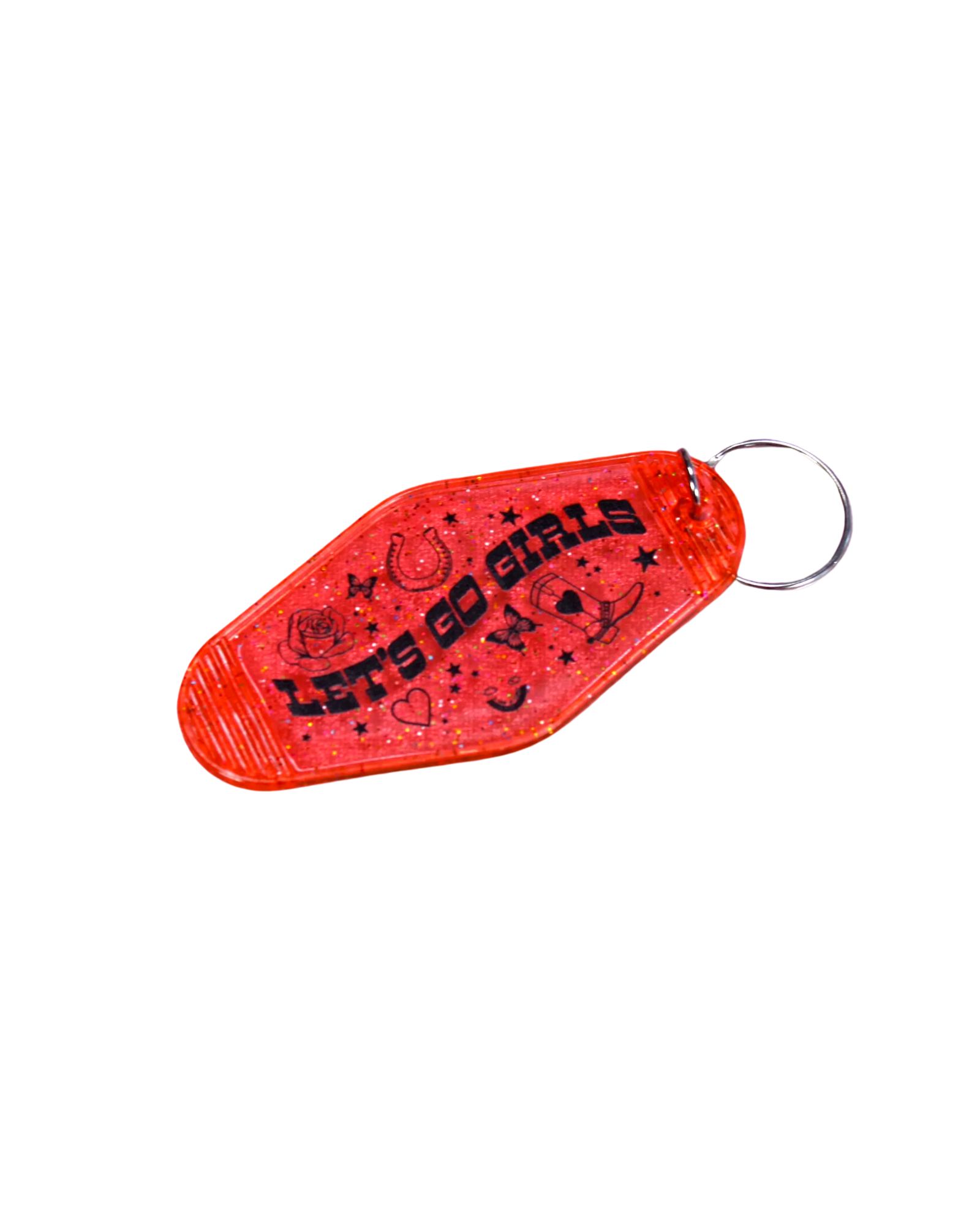 Clear red sparkly vintage motel style keychain with the words let's go girls with western doodles around the words