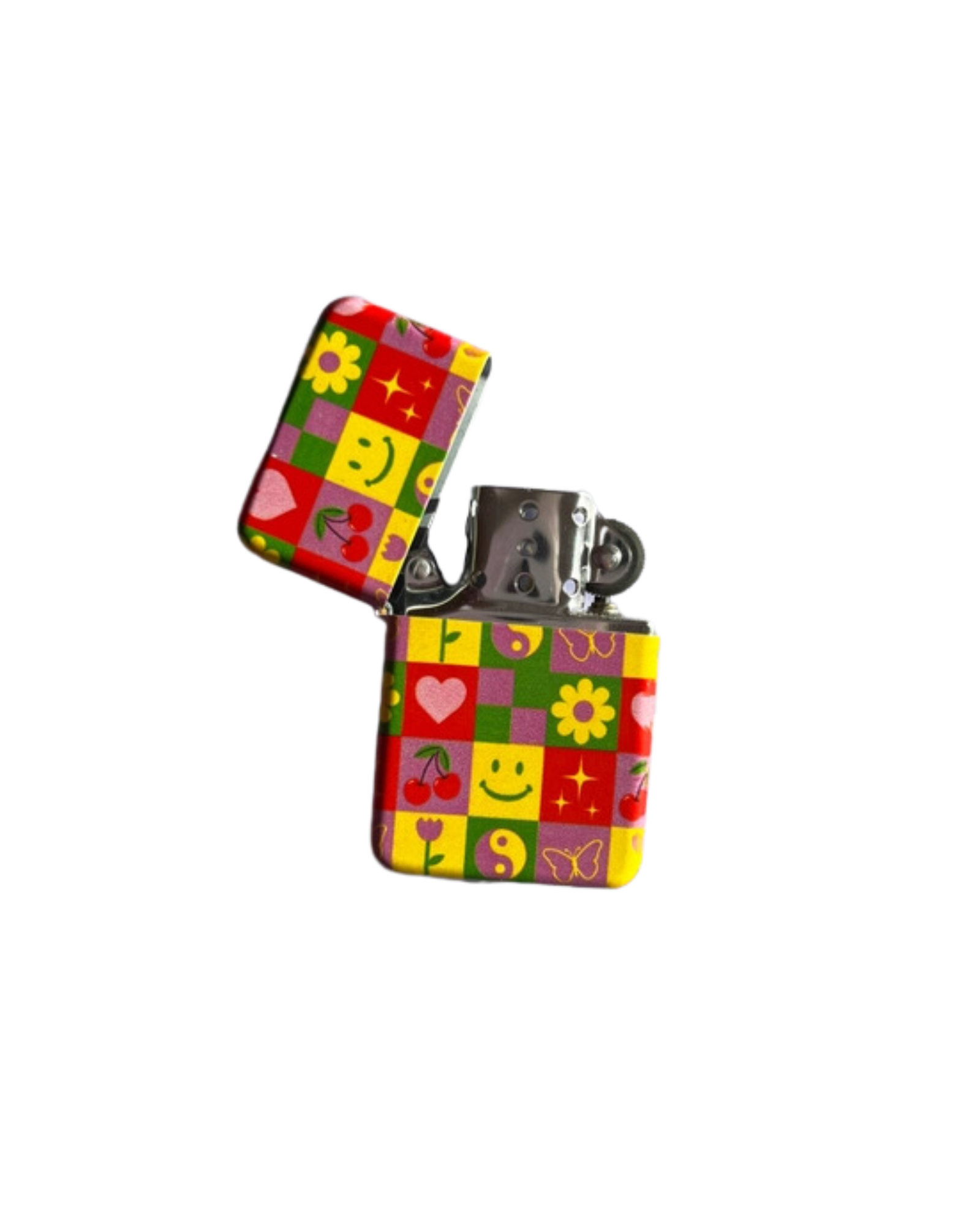 Flip style refillable lighter with brightly colored square pattern including smiley faces, hearts, flowers, cherries, and butterflies