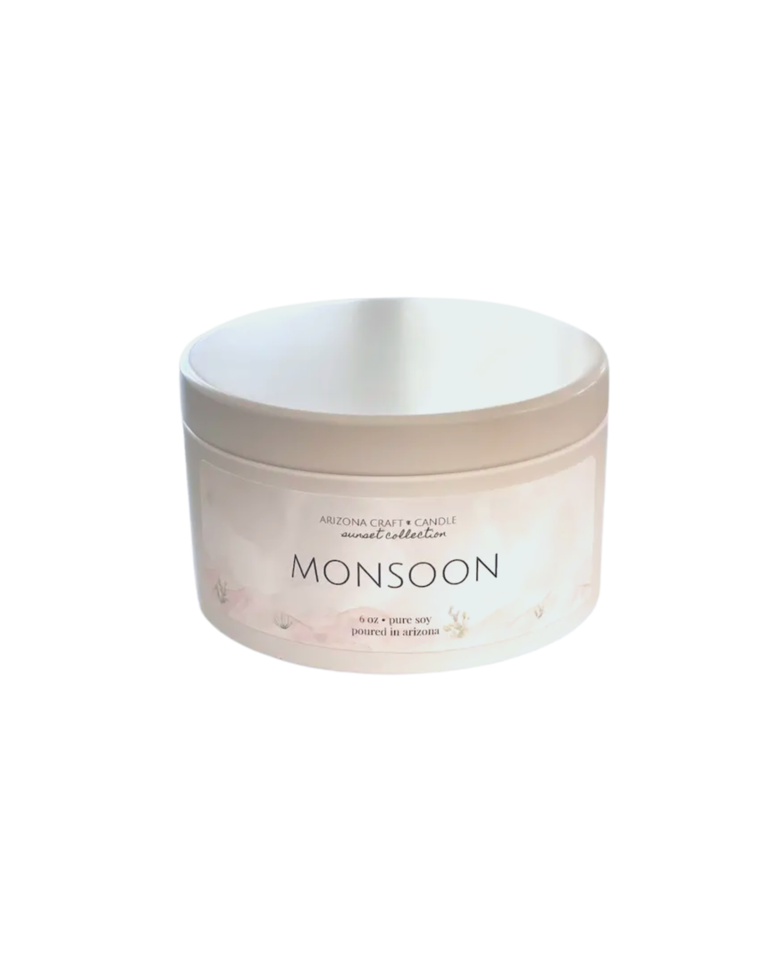 Medium matte white Monsoon candle tin with a desert landscape label