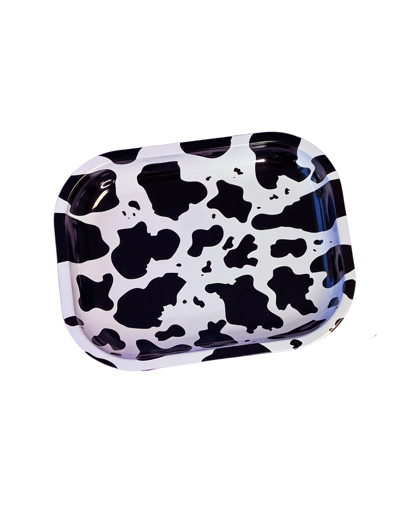 Rectangular shallow metal tray with cow spot print in black and white