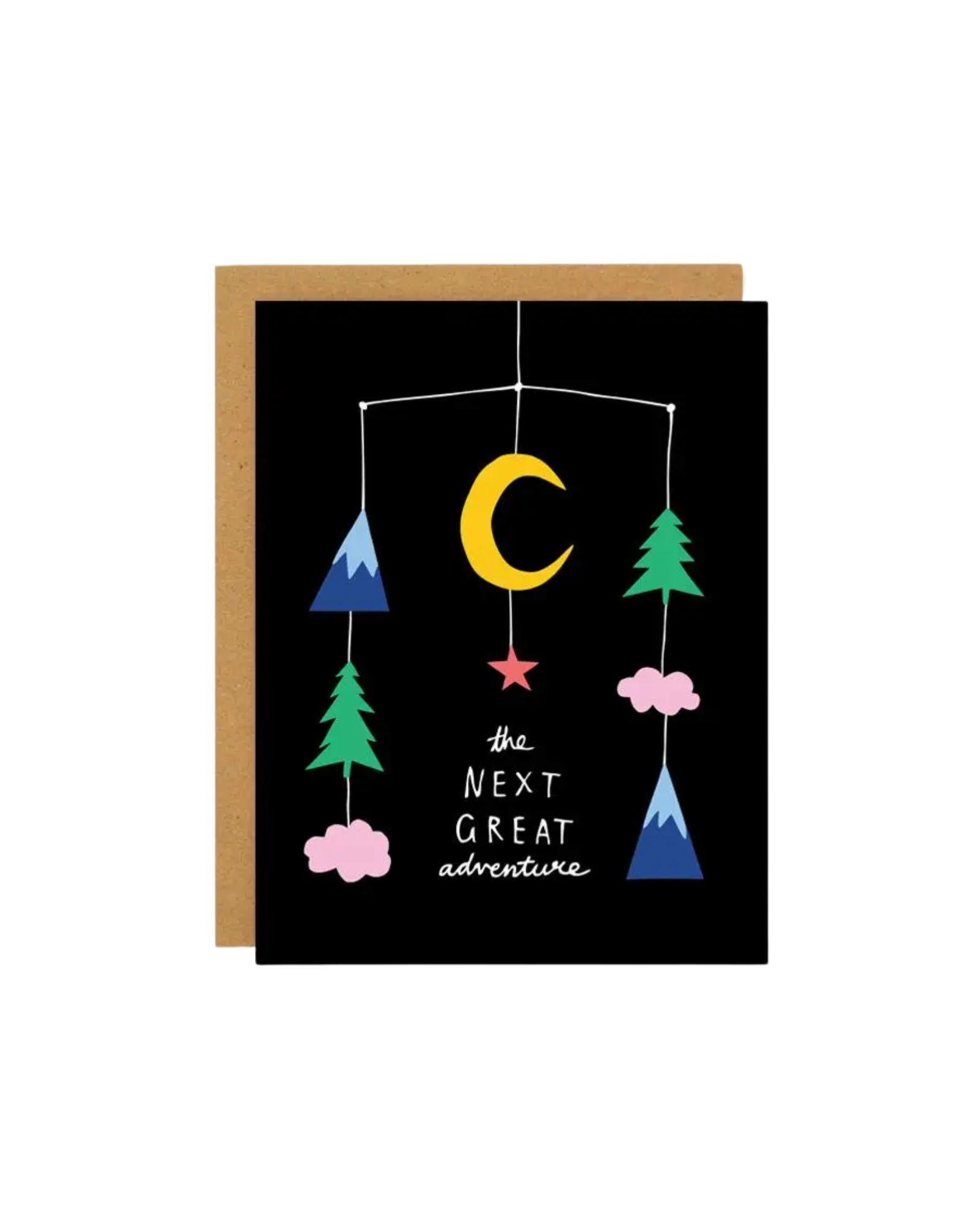 Black greeting card with a baby mobile with clouds, trees, mountains, a star, and a moon above the words "the next great adventure"