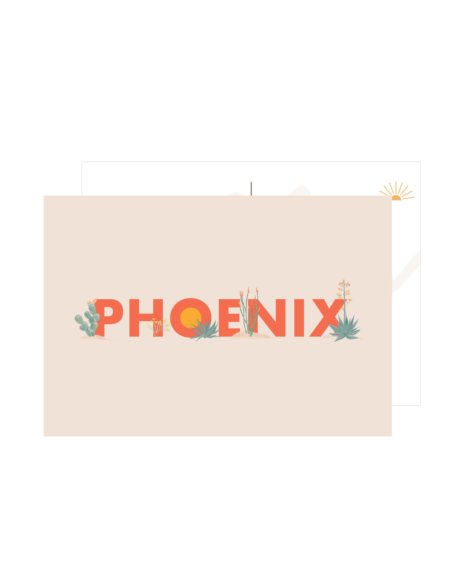 Tan postcard with the word "phoenix" with desert plants by the letters