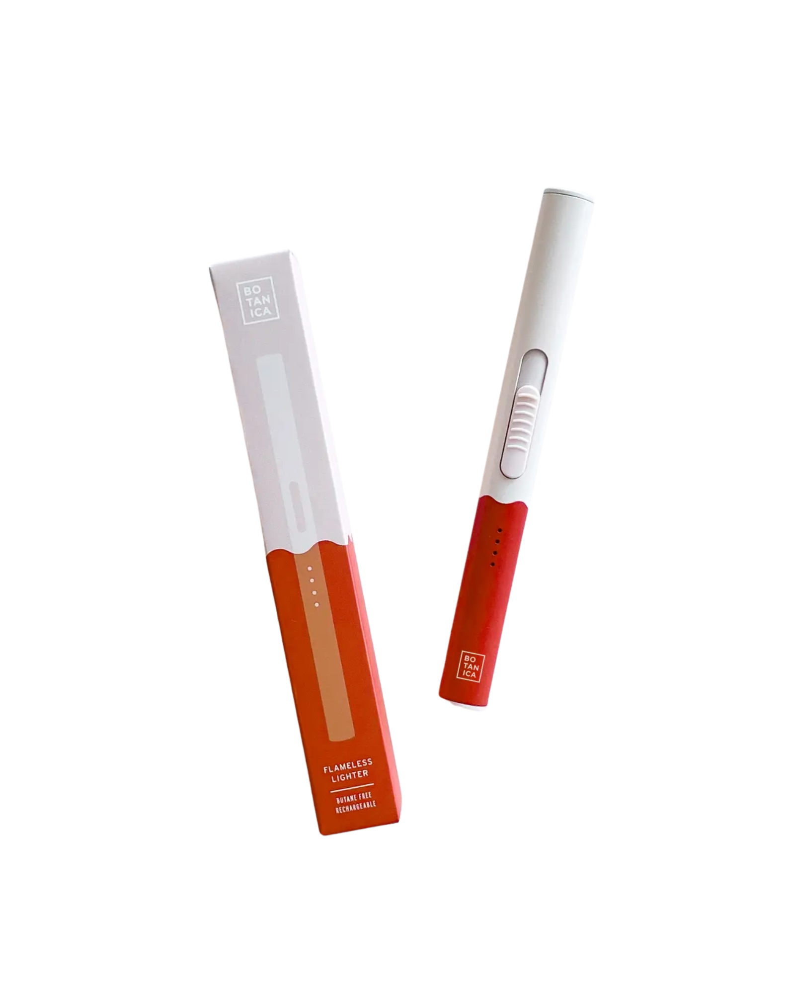 White and orange flameless lighter next to matching box