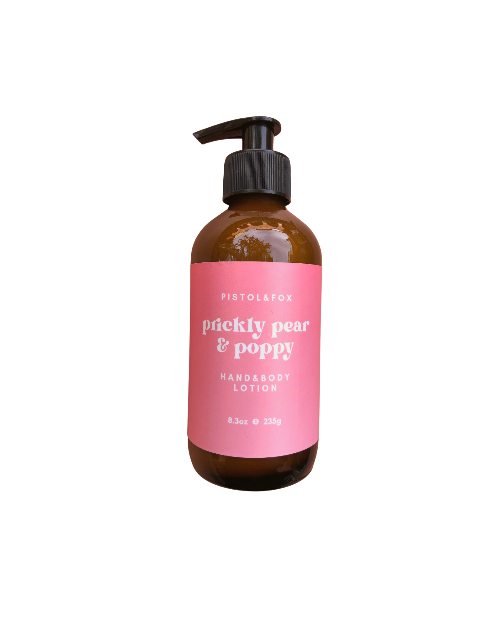 Amber lotion bottle with black pump top, pink label that reads "pistol & fox prickly pear & poppy hand and body lotion"