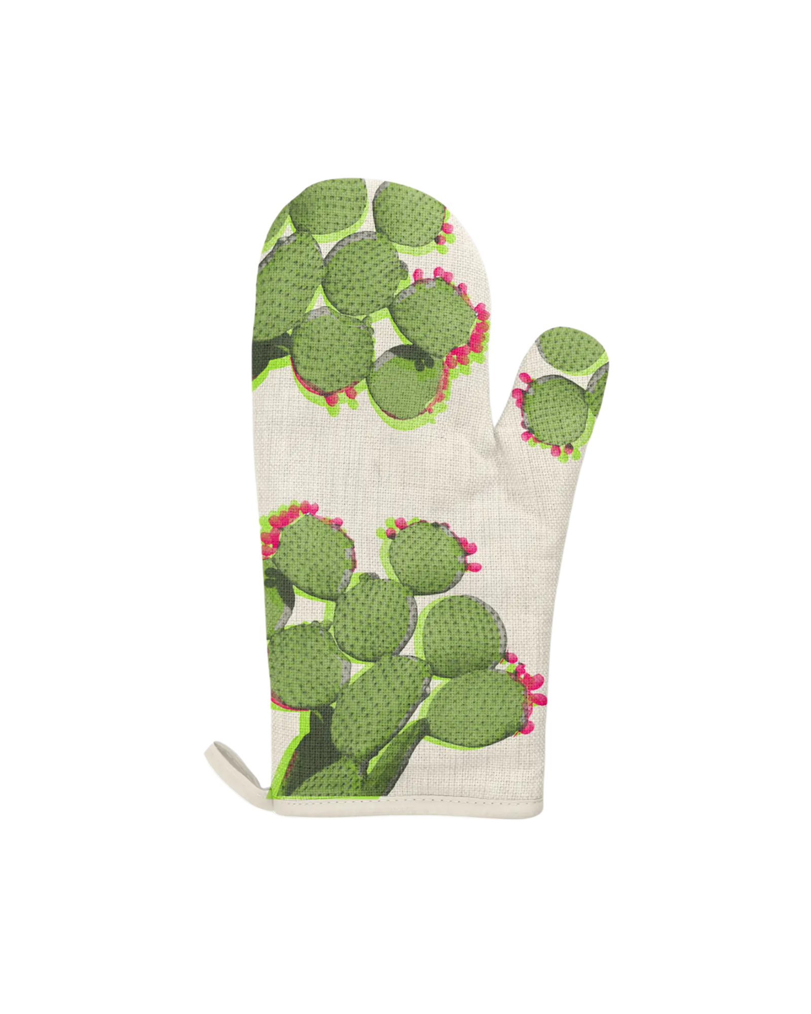 Left handed oven mitt with green prickly pear cactus with pink fruit