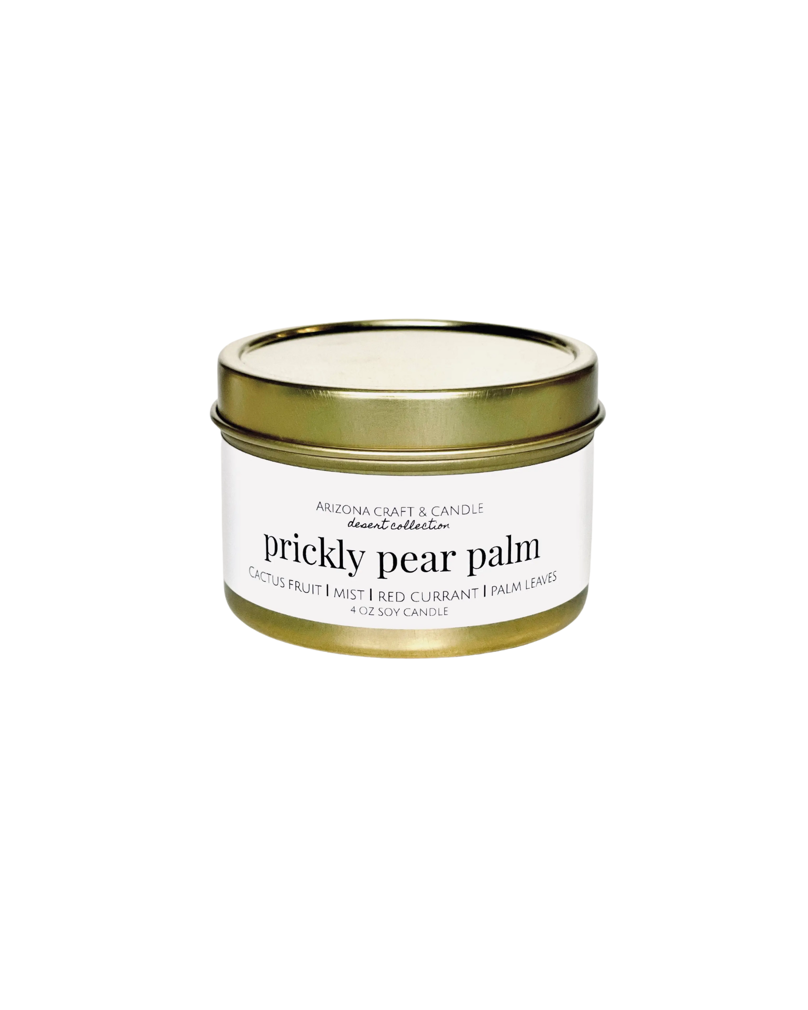 Prickly pear palm gold travel candle with a white label