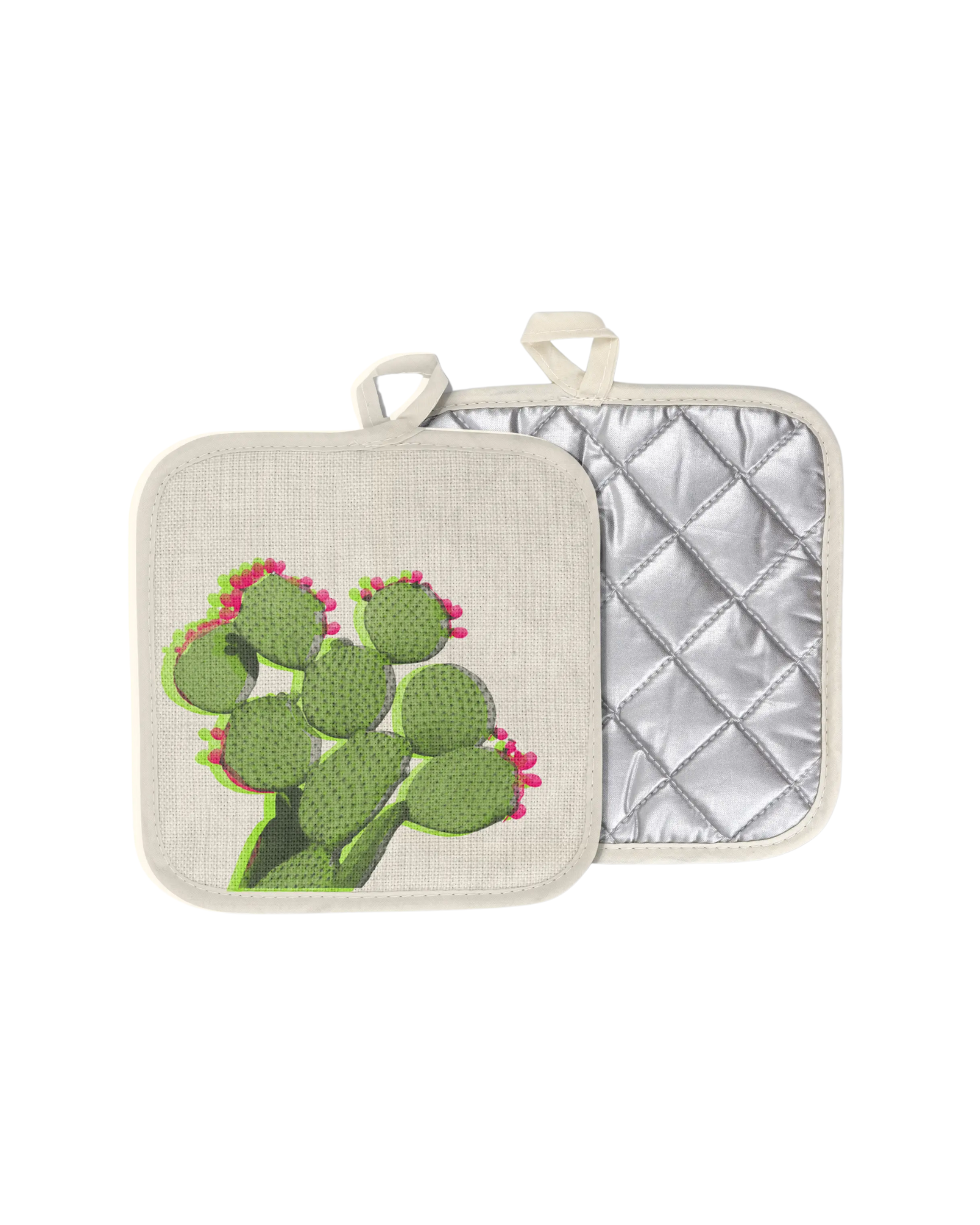 Prickly pear potholder front design of a prickly pear cactus with pink fruit, and back of pot holder with silver reflective material