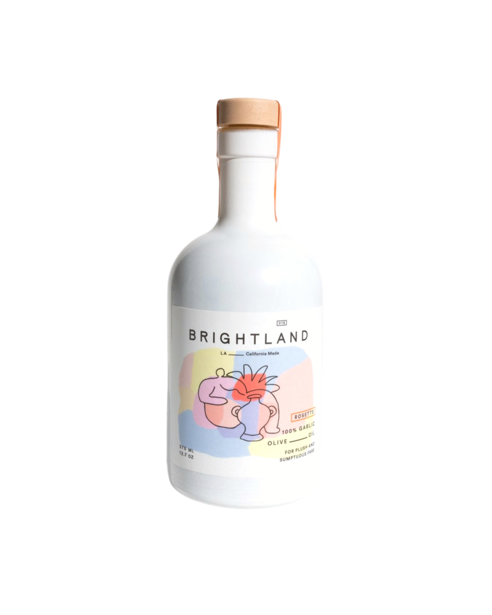 White olive oil bottle with pastel background and illustration on label