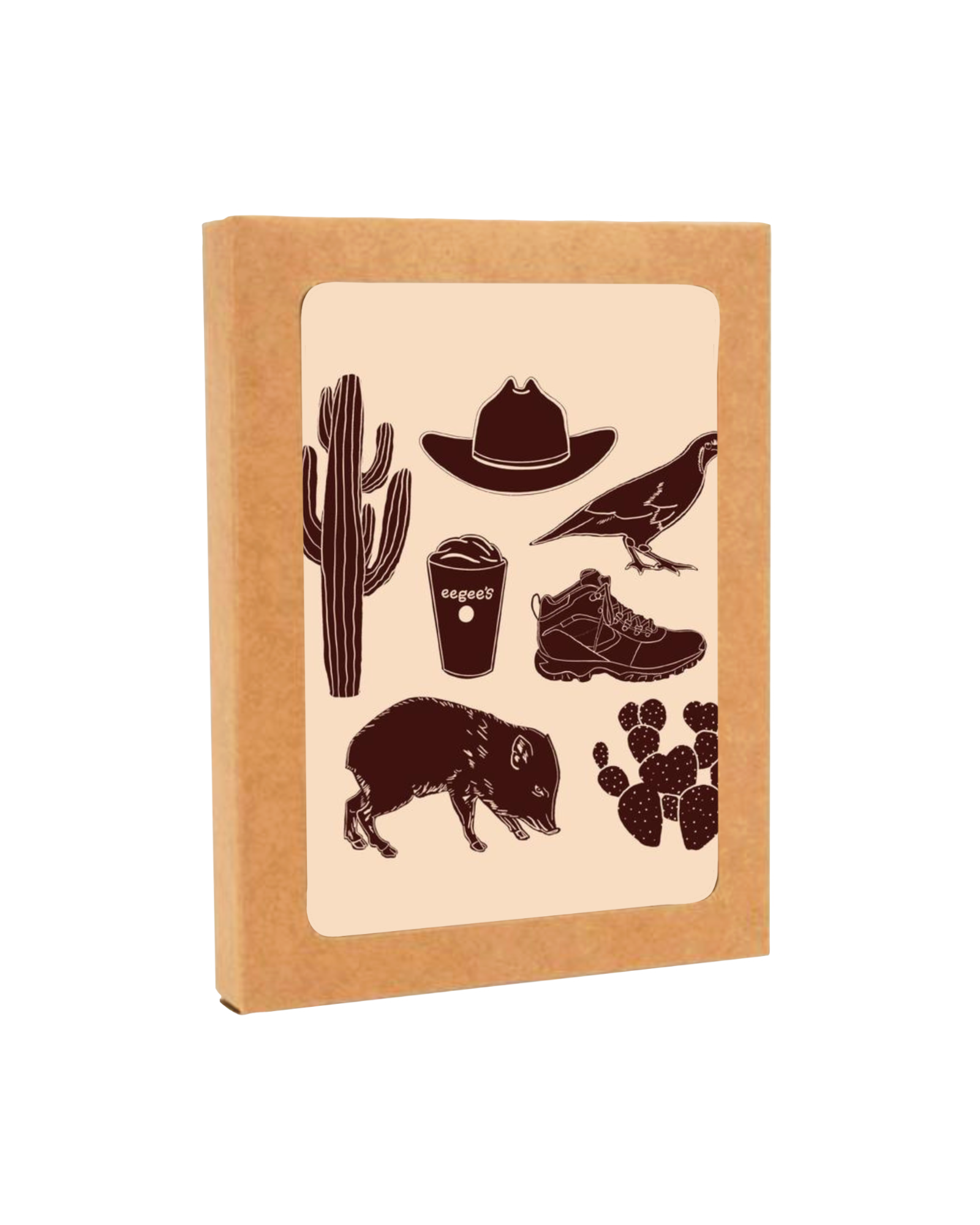 Brown kraft box holding tan greeting card