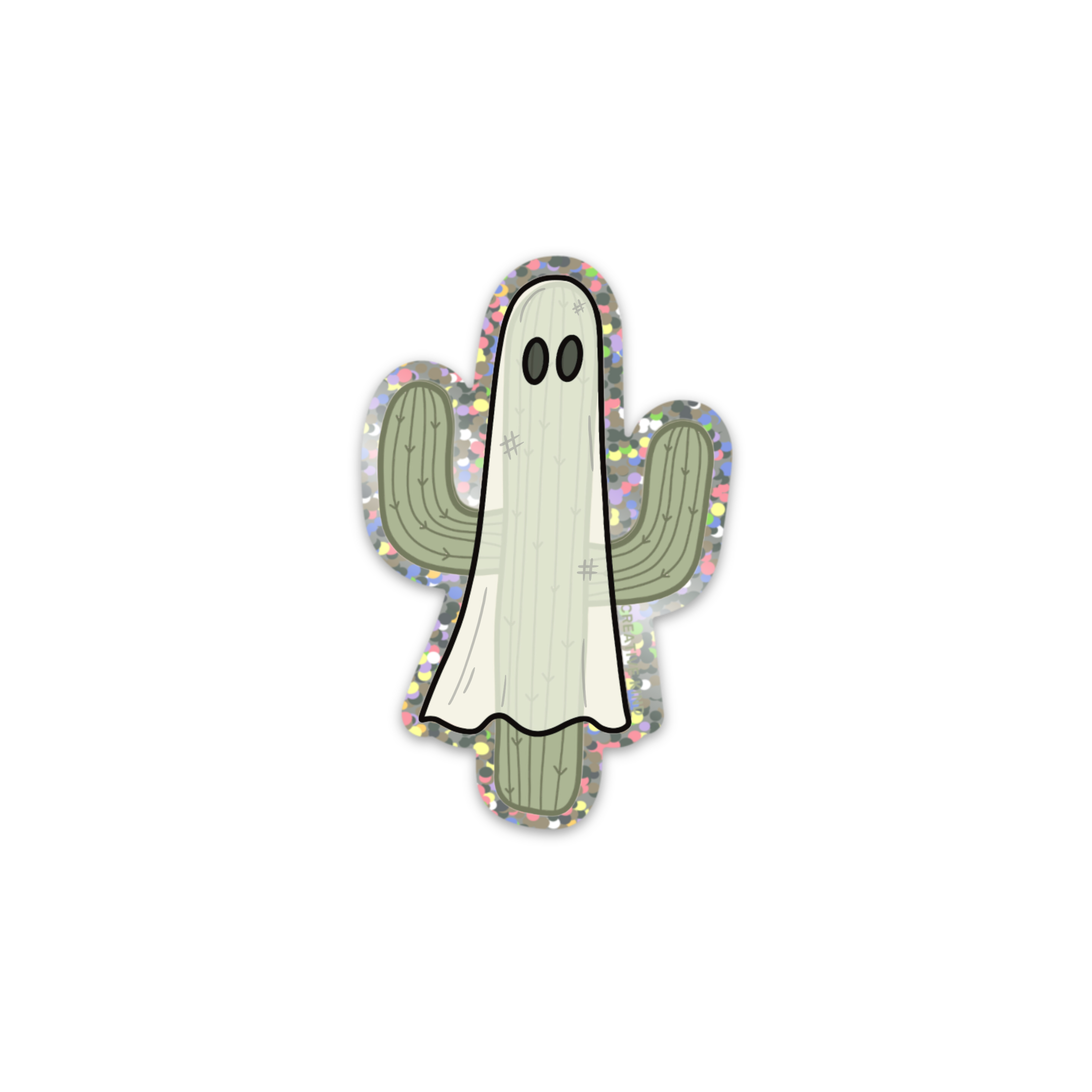 Die cut vinyl sticker of a saguaro wearing a ghost costume with a glitter background