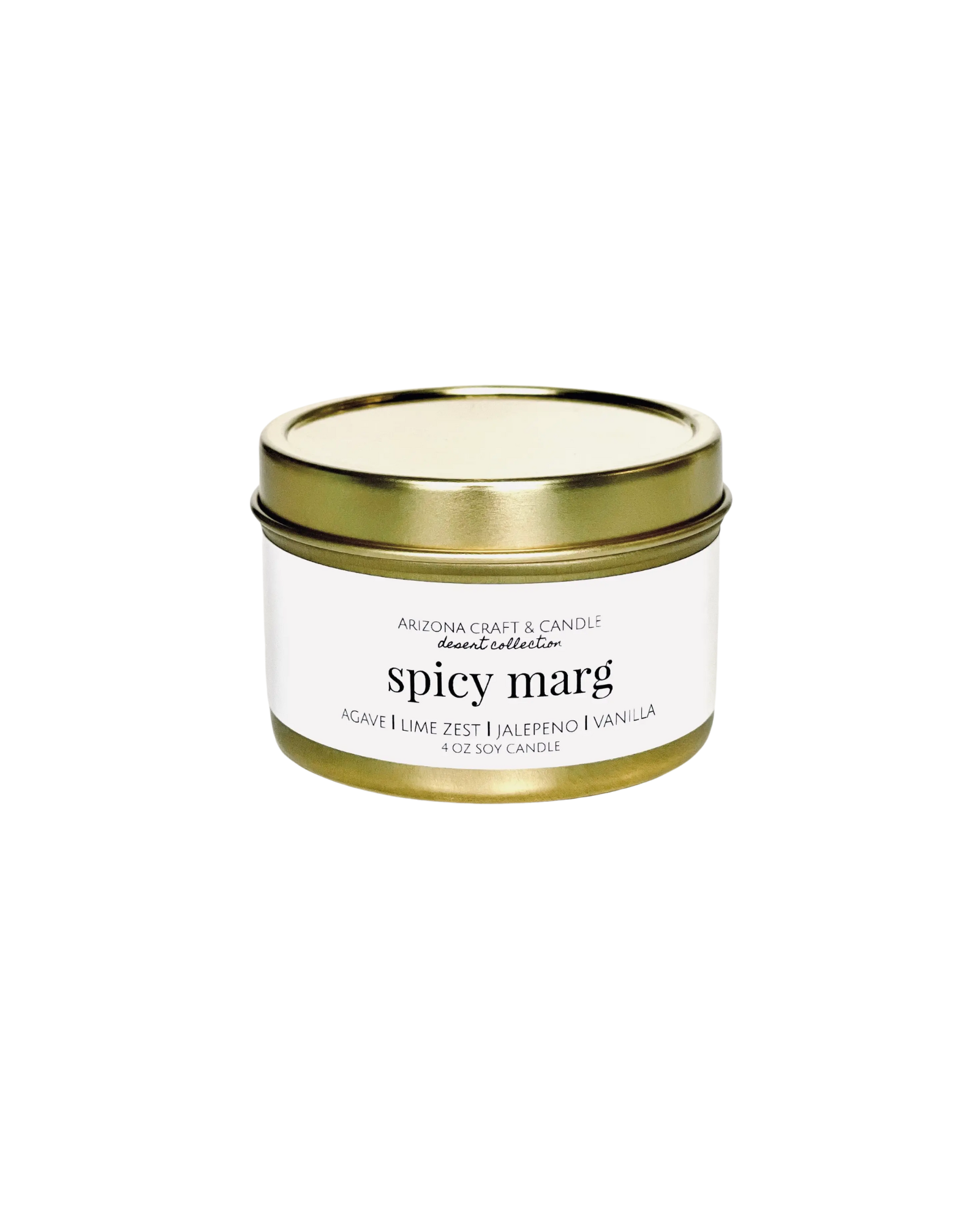 Spicy marg gold travel candle with white label
