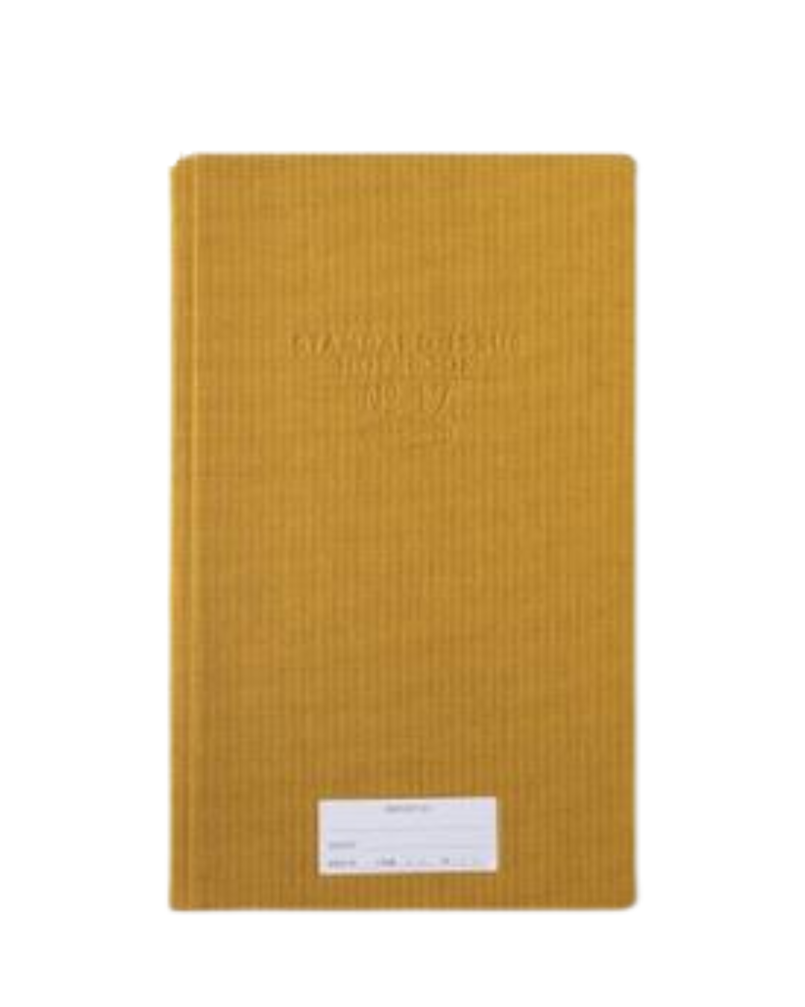 Tall yellow journal with small white label bottom center