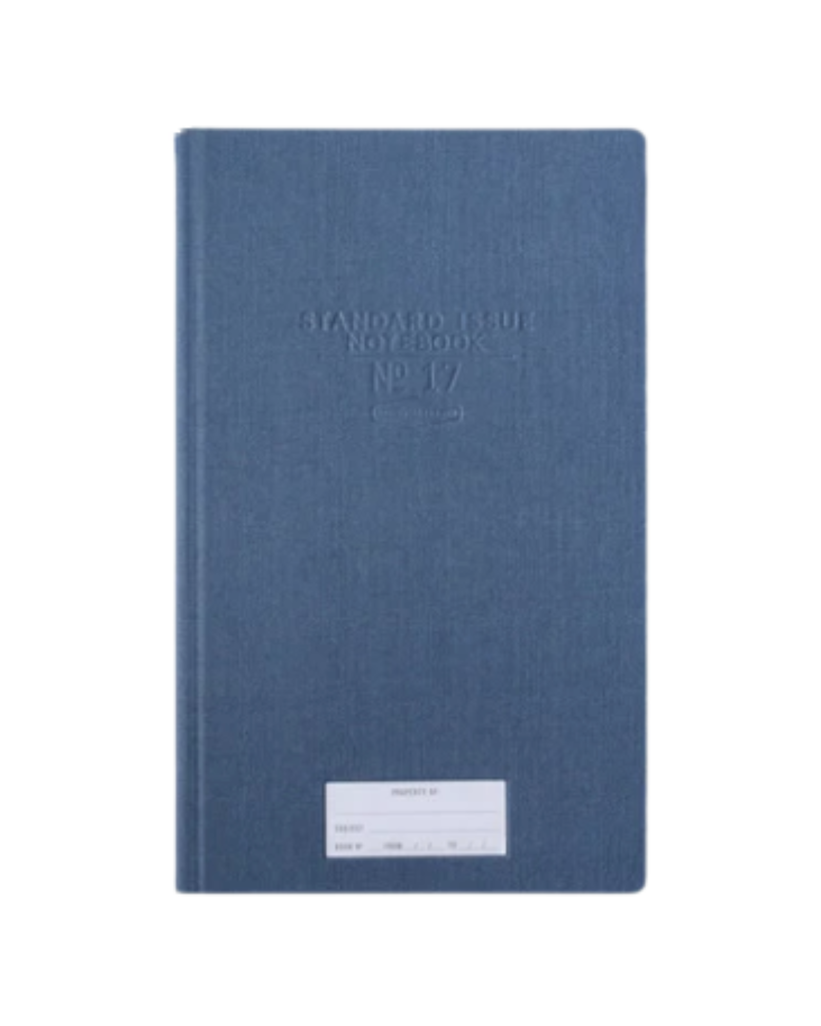 Tall blue journal with small white label bottom center