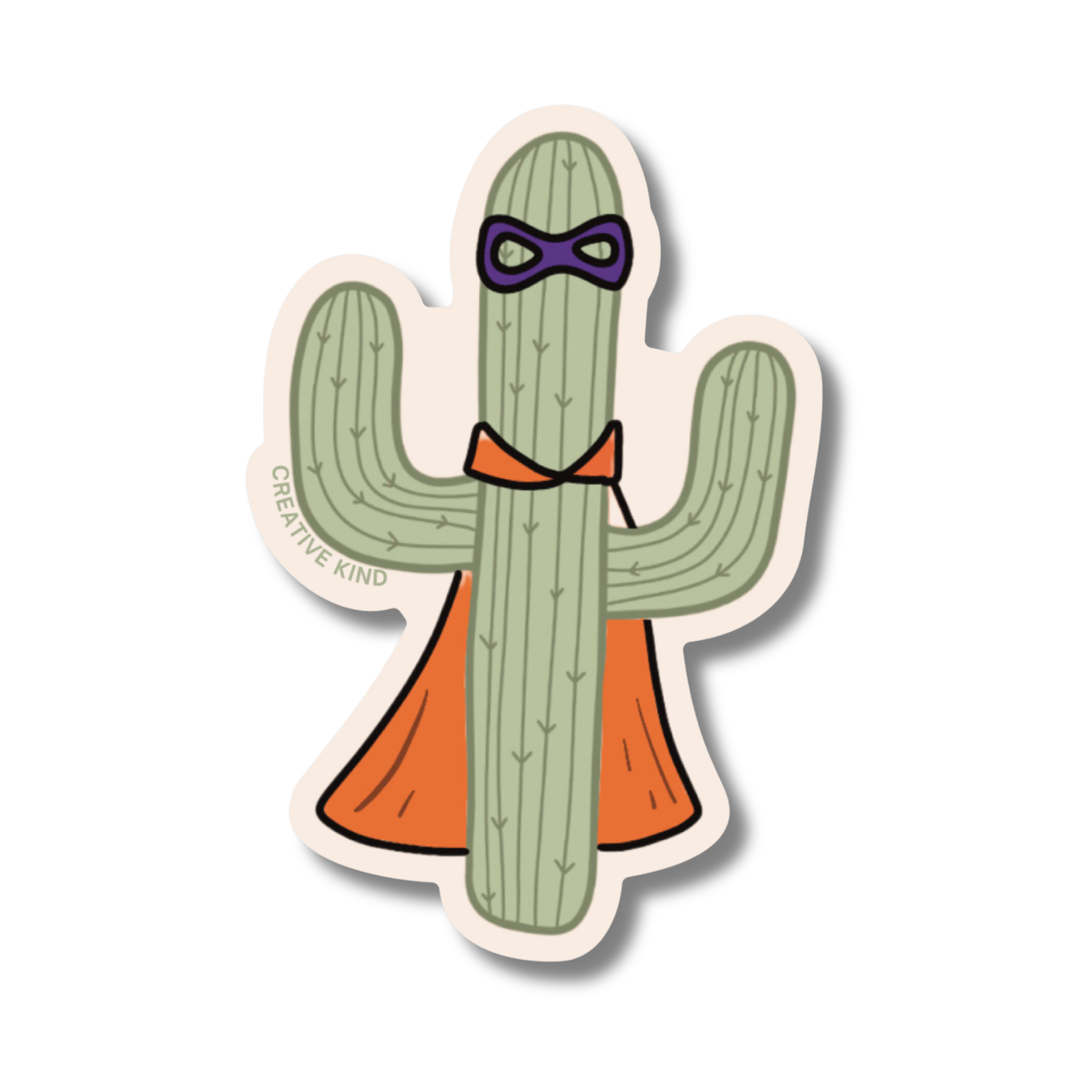 Die cut vinyl sticker of a saguaro wearing an orange cape and a purple mask