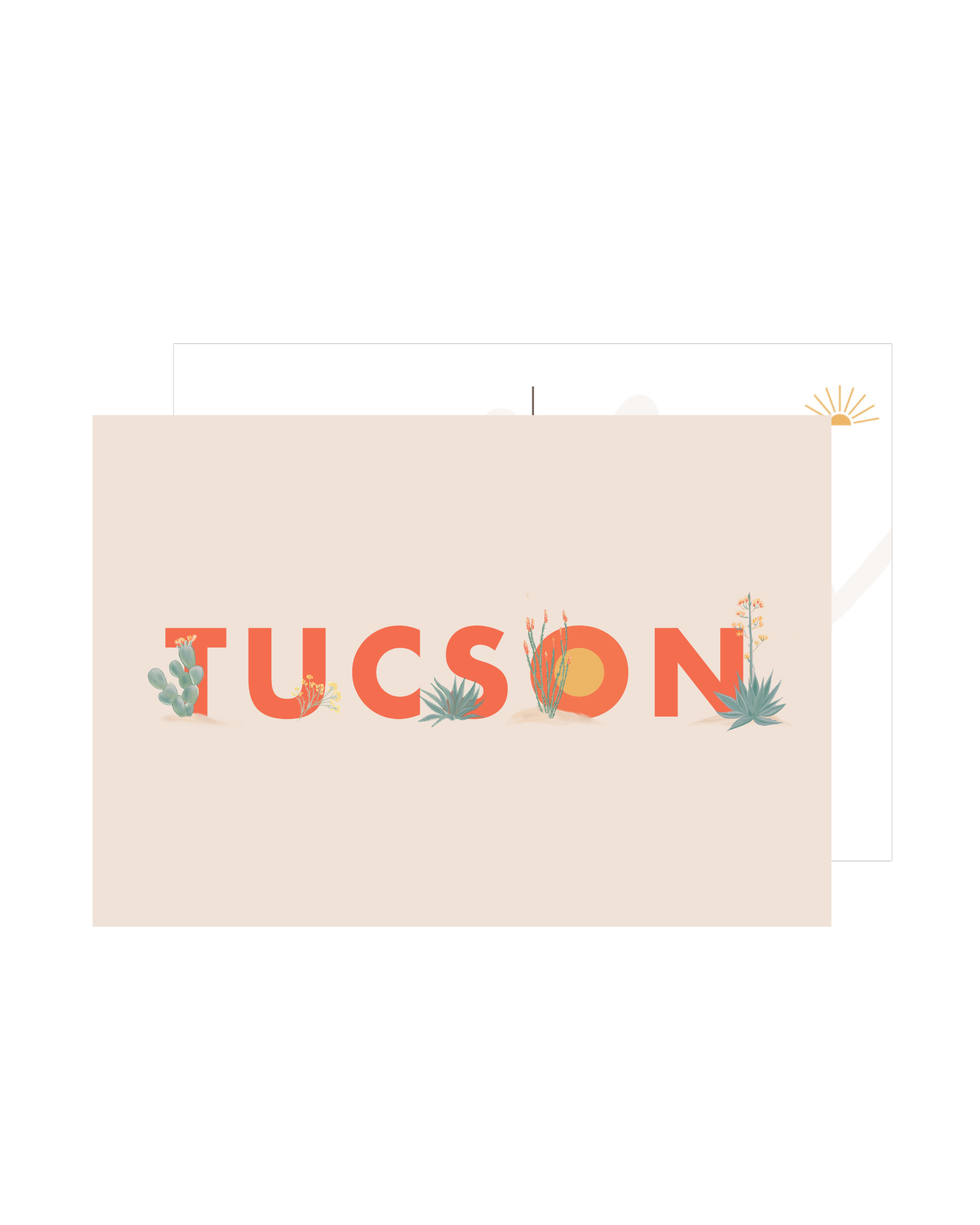 Tan postcard with the word "tucson" with desert plants next to the letters
