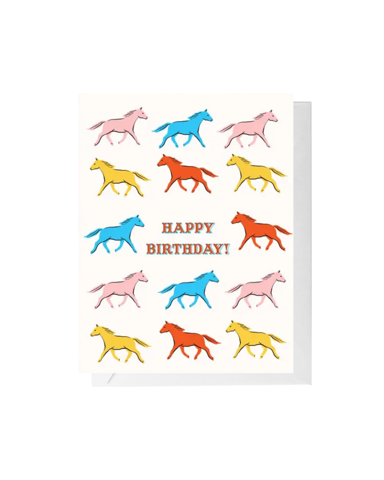 White greeting card with horse illustrations in pink, blue, red, and yellow with the words "happy birthday" in red capital letters 