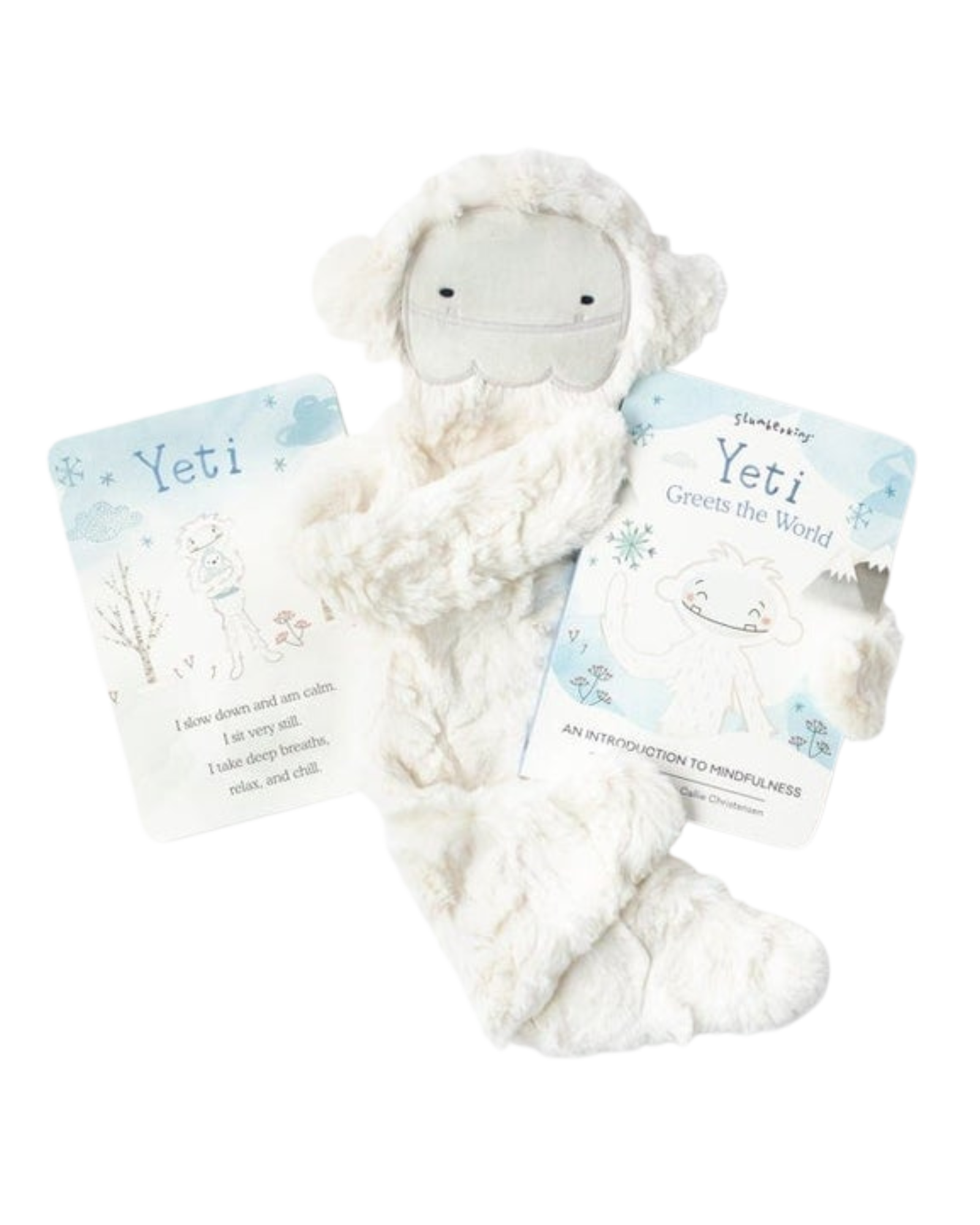 Fuzzy white Alpine Yeti slumberkin snuggler holding Yeti board book and next to Yeti card